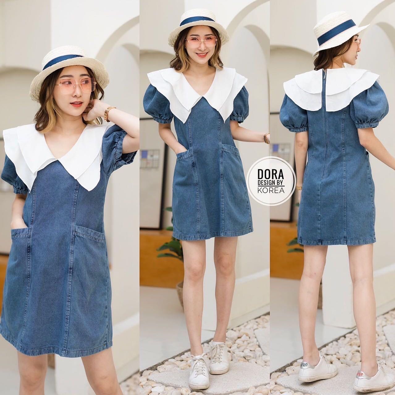 เดรสยีนคอระบาย แขนจั้มเบาๆ มีซิบหลังคอเสื้อแต่งระบาย 2 ชั้น มีกระเป๋าด้าน 2 ข้าง สินค้าคุณภาพ (พร้อมส่ง)