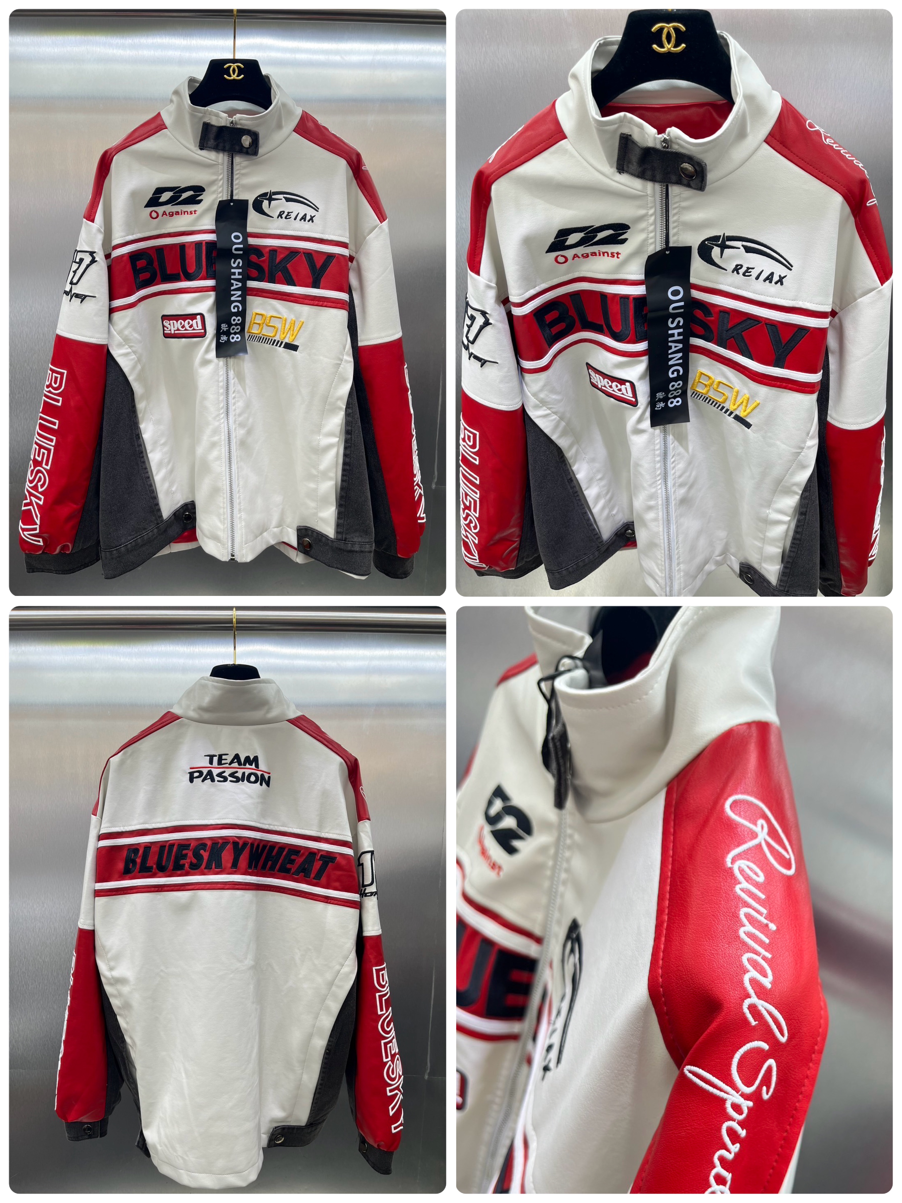 แจ็คเก็ตกึ่งหนัง ปักลาย Racing สวย สปอร์ต เท่ห์ รุ่น Unisex งานสวยขายดีมาก รุ่นนี้ผสมหนัง งานสวยมาก.. ใส่สบาย : สินค้าคุณภาพ (พร้อมส่ง)