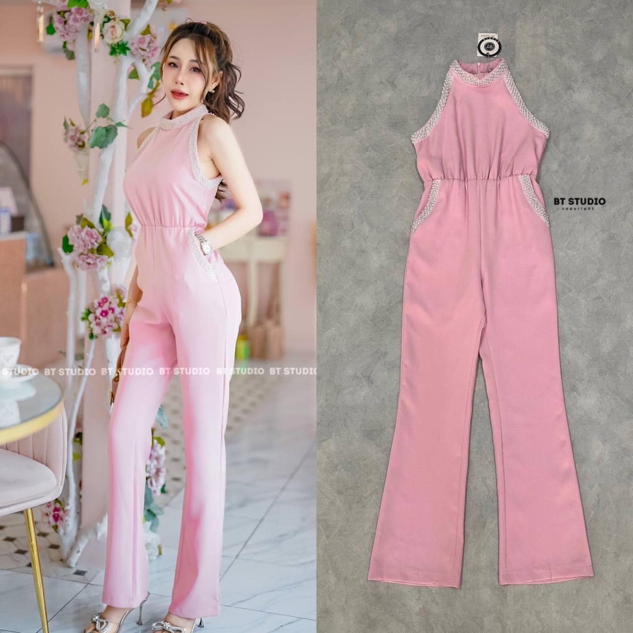 จั้มสูทแขนกุดขายาว ช่วงคอและแขน ด้านหน้าด้านหลัง กระเป๋ากางเกงปักมุขแน่น ๆ กระเป๋าใช้งานได้จริง สินค้าคุณภาพ (พร้อมส่ง)