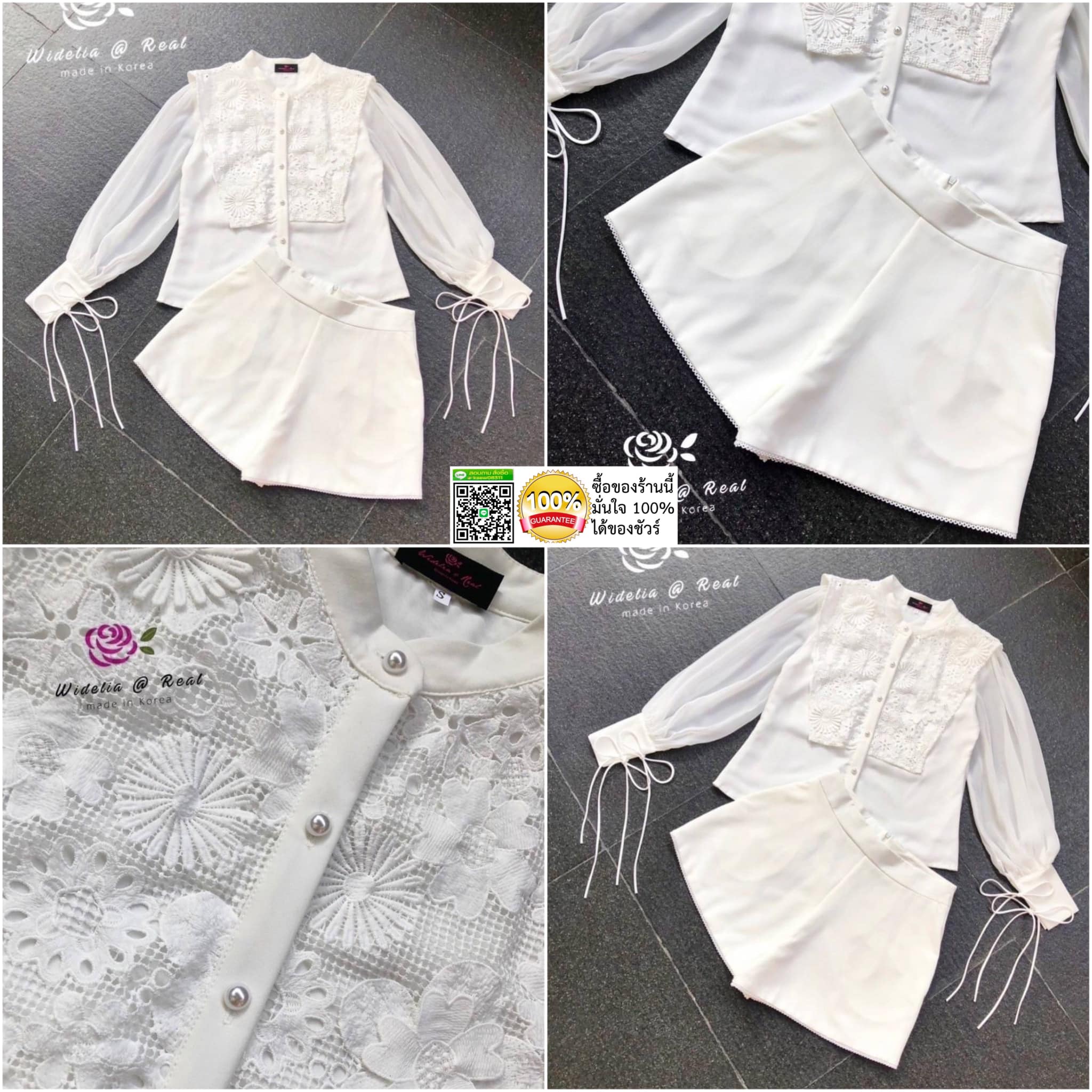 .Set :: เสื้อแขนยาวทรงเชิ๊ตตัวสวยทรงดี เก๋ด้วยกิมมิคช่วงอกแต่งลูกไม้สวยอลัง . ท่อนแขนยาวพองเป็นทรง ปลายแขนผูกโบเก๋ มาเข้าชุดพร้อมกับกางเกงขาสั้นตัวสวยทรงดี สินค้าคุณภาพ (พร้อมส่ง) . .