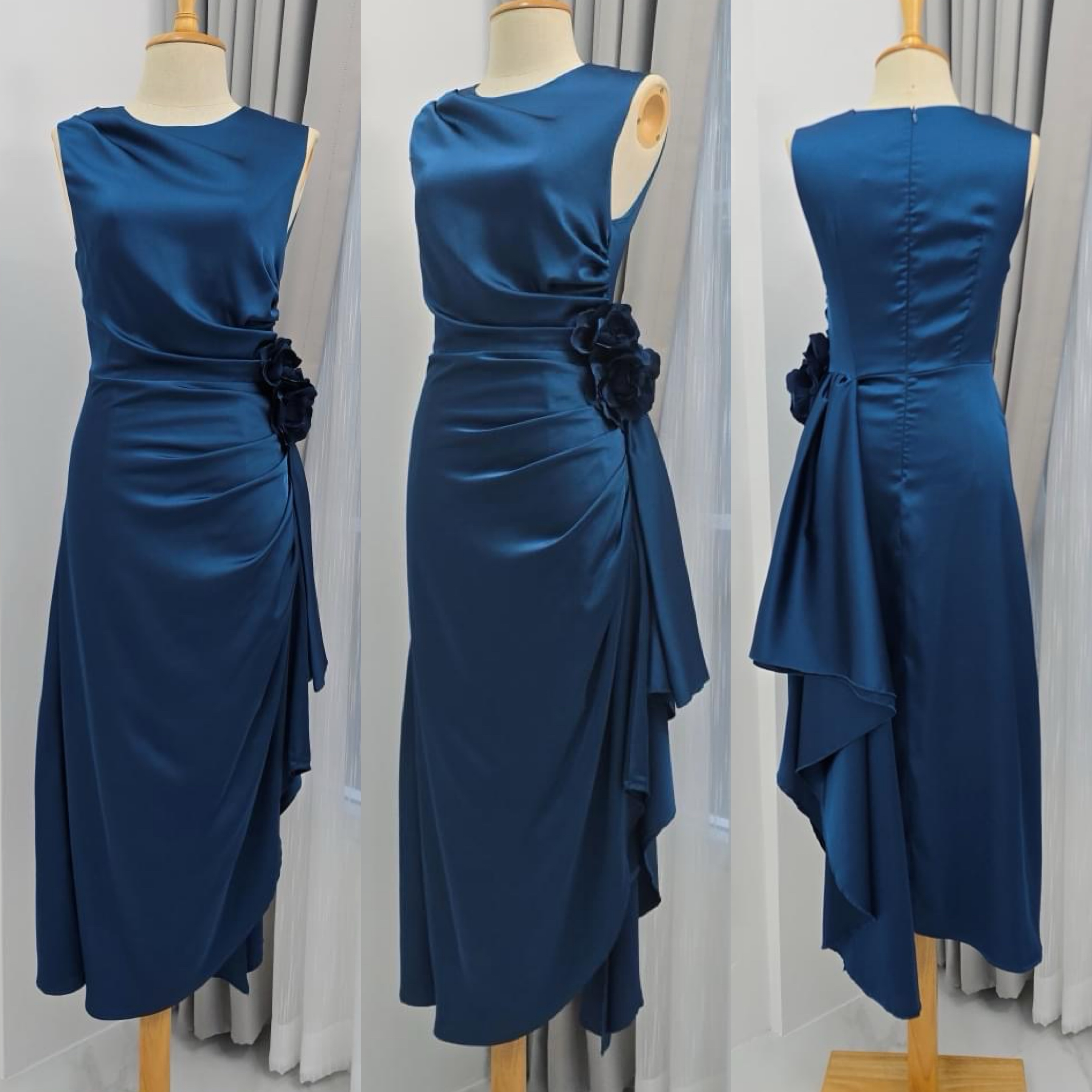 เดรสเสื้อคอกลมแขนกุด กระโปรง จับเดรปข้างสะโพก ปล่อยชายระบาย ใส่สบาย : สินค้าคุณภาพ (พร้อมส่ง)