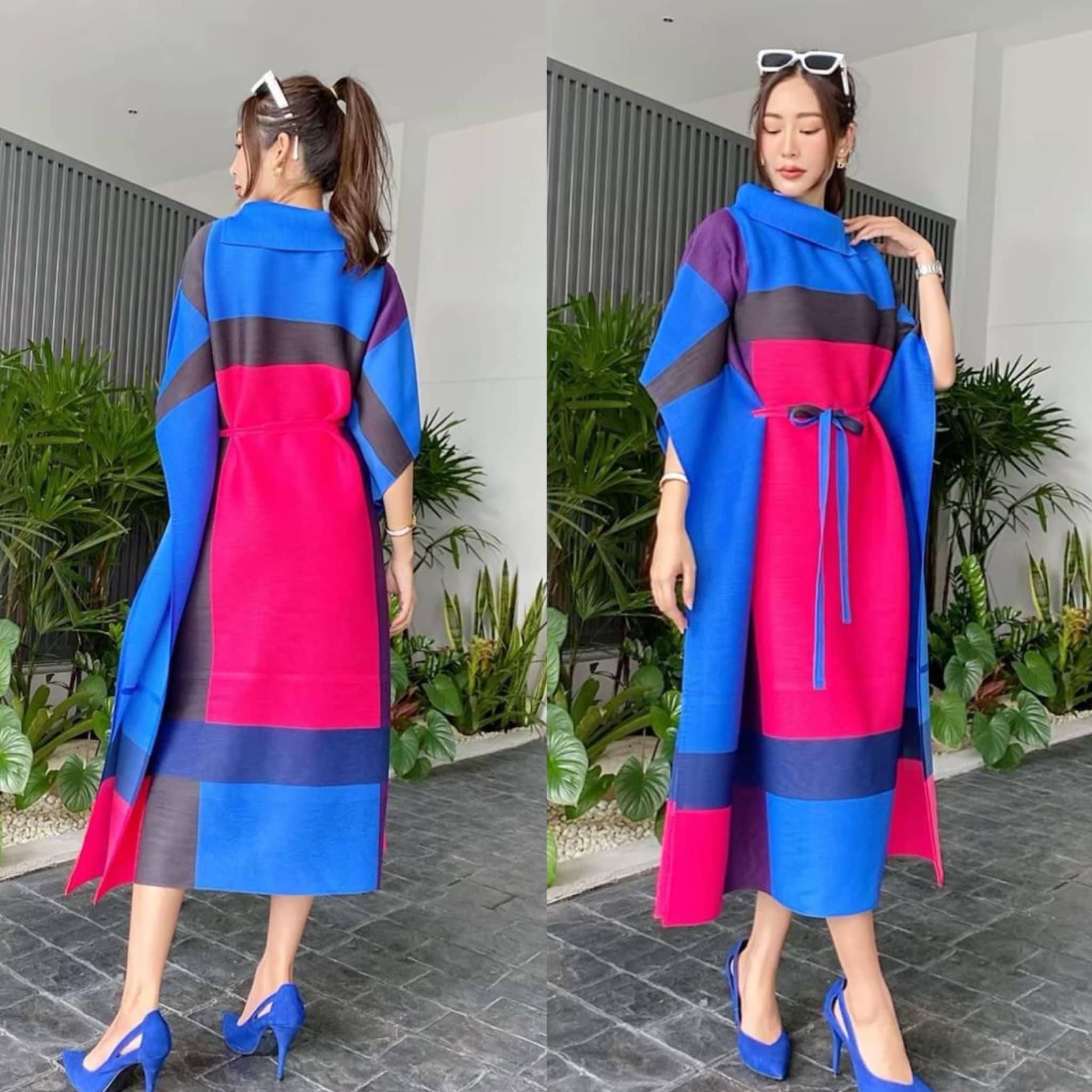 เดรสอัดพลีท ปกใหญ่ คอตั้งเฉลียง ทรงแขนผีเสื้อ 🦋 แต่งสายคาดเอว แพตเทิร์นดีงามมว้าก ใส่สบาย สินค้าคุณภาพ (พร้อมส่ง)