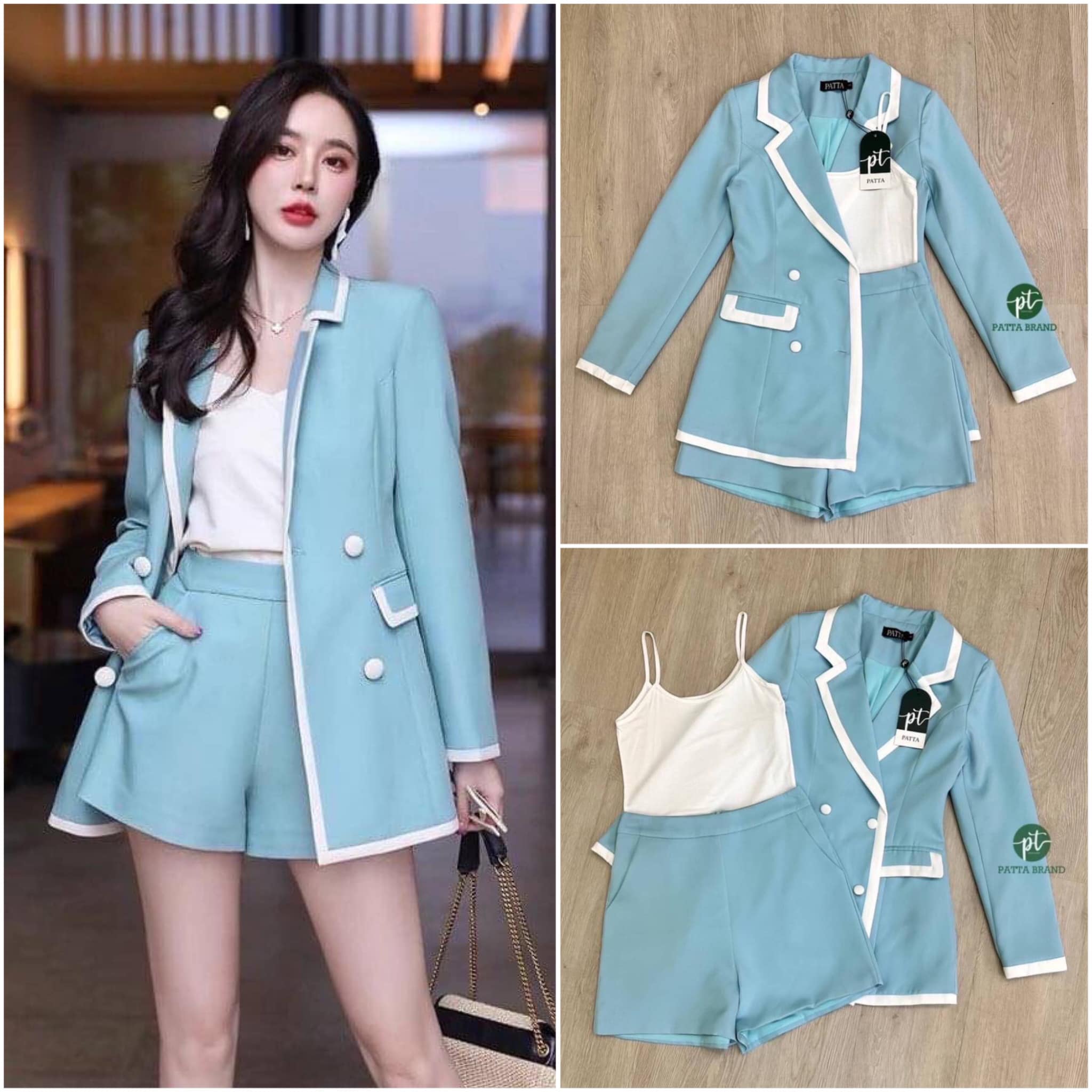 เซ็ต 3 ชิ้น เสื้อสูทแขนยาวสีฟ้าเย็บกุ๊น ขอบสีขาว มาพร้อมเสื้อยืดสีขาว สายเดี่ยว แมทช์คู่กับกางเกงขาสั้นเอวสูงงานซิป ด้านหลัง สินค้าคุณภาพ (พร้อมส่ง)
