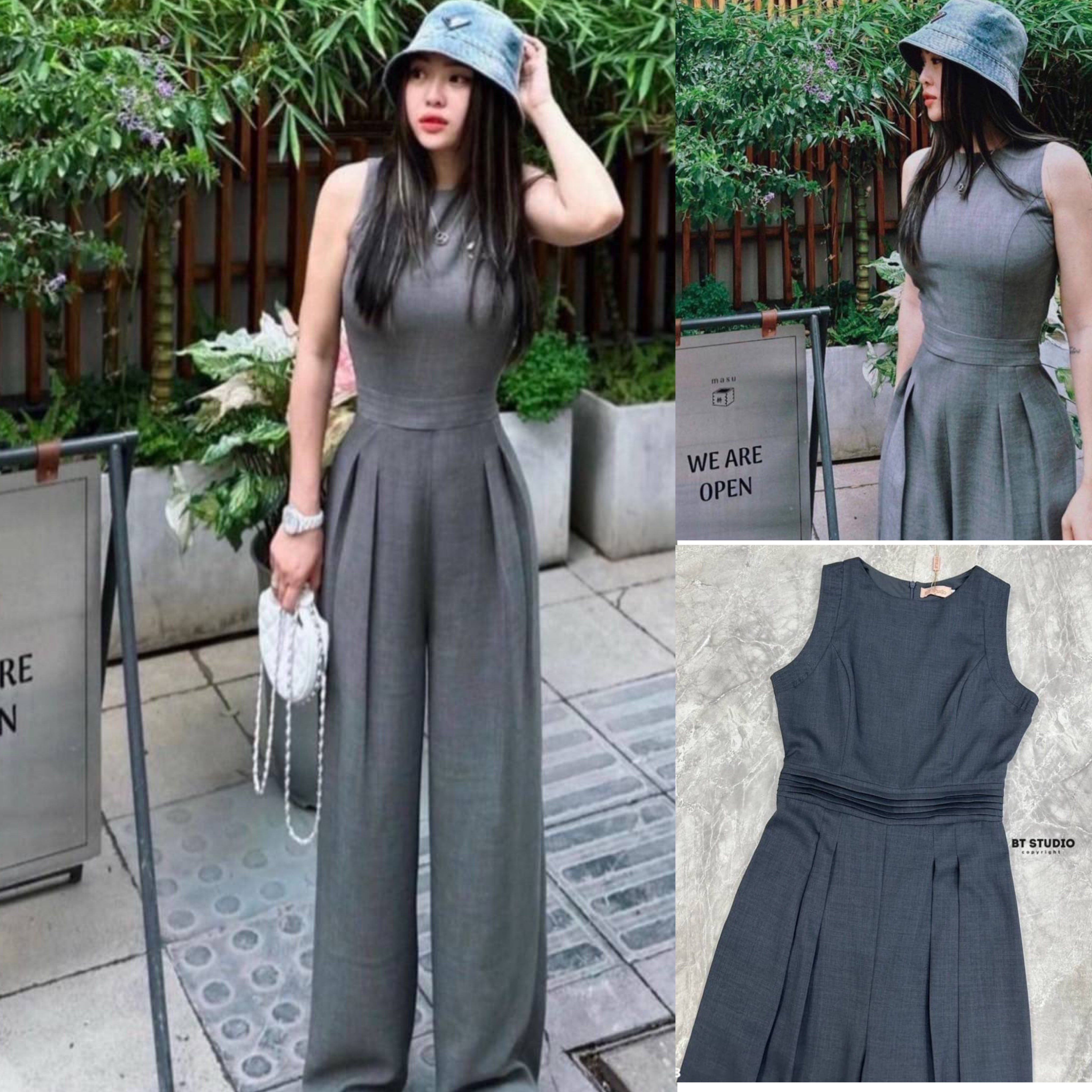 จั้มสูทแขนกุดสีเทา ตรงเอวแต่งแทบเป็นชั้น ๆ กางเกงขายาวจับจีบ ใส่สวยเป๊ะเข้ารูป สินค้าคุณภาพ (พร้อมส่ง)