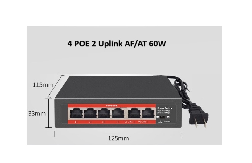 POE 4 Port 2 Uplink 48V IEEE 802.3AF/AT 60W