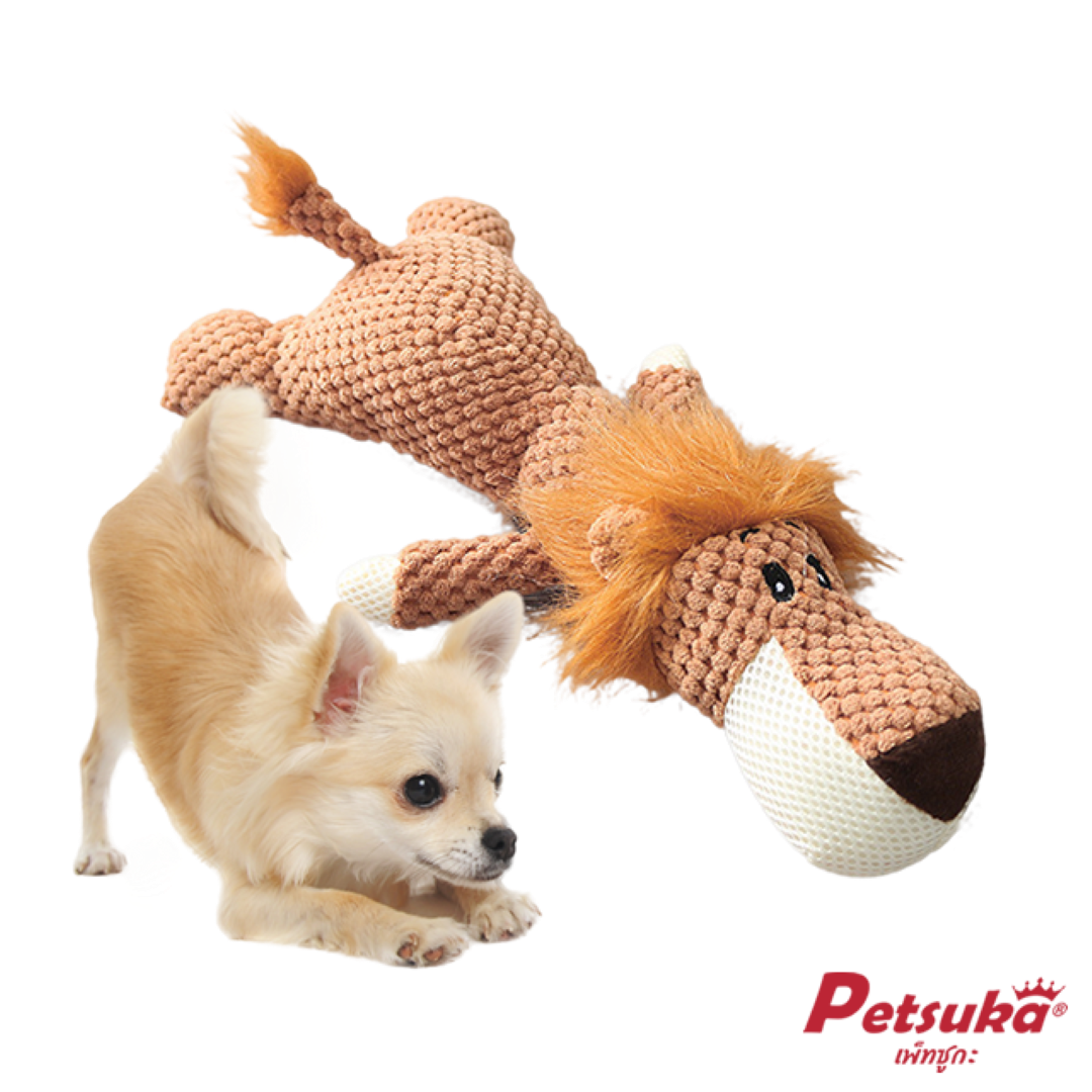 ตุ๊กตาสิงโตน้อยสีน้ำตาล Petsuka ของเล่นขัดฟันสัตว์เลี้ยง มีเสียง