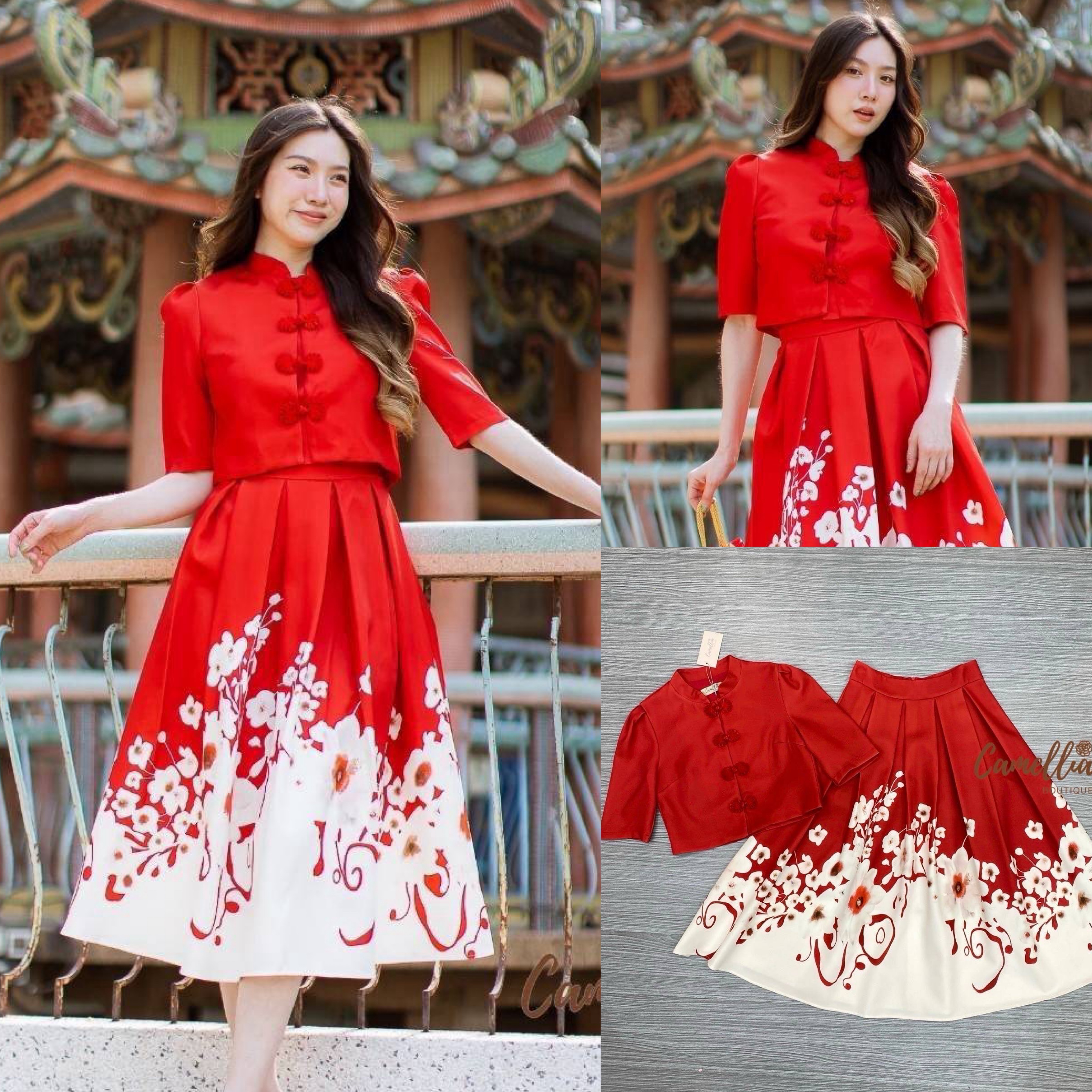 ชุดSetเสื้อคอจีน แต่งกระดุมจีนด้านหน้า มาพร้อมกระโปรงจีบรอบ กระโปรงพิมลายตามแบบฉบับ ใส่สบาย : สินค้าคุณภาพ (พร้อมส่ง)