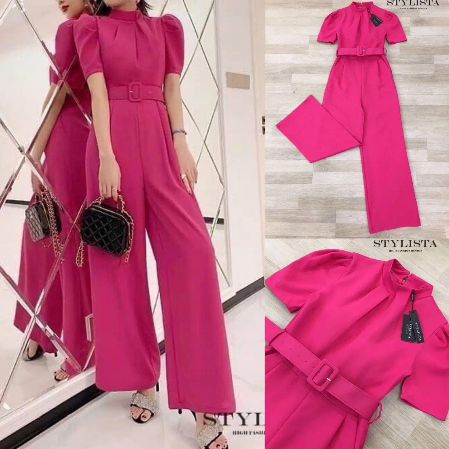 จั้มสูทเเขนสั้น คอปีน ขายาว มีเข็มขัดเข้าชุด ใส่สวยเรียบหรูมาก สินค้าคุณภาพ (พร้อมส่ง)