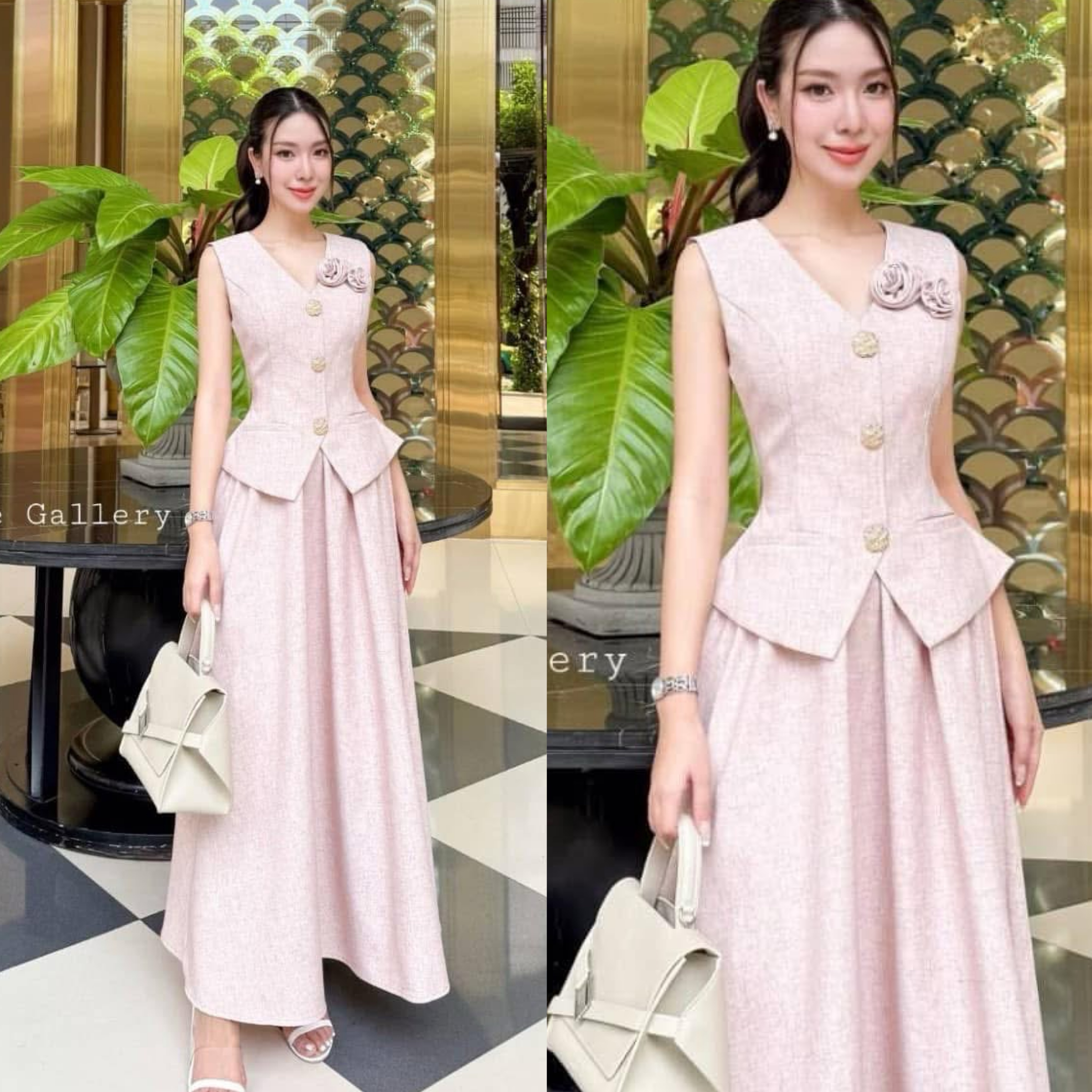 เซ็ต3 ชิ้น เสื้อทรงสวยเข้าเอวสุดๆแต่งกะดุมทองและเสริมฟองน้ำในตัว และกระโปรงยาว มาพร้อมเข็มกลัดดอกไม้เข้าชุด ใส่สบาย : สินค้าคุณภาพ (พร้อมส่ง)