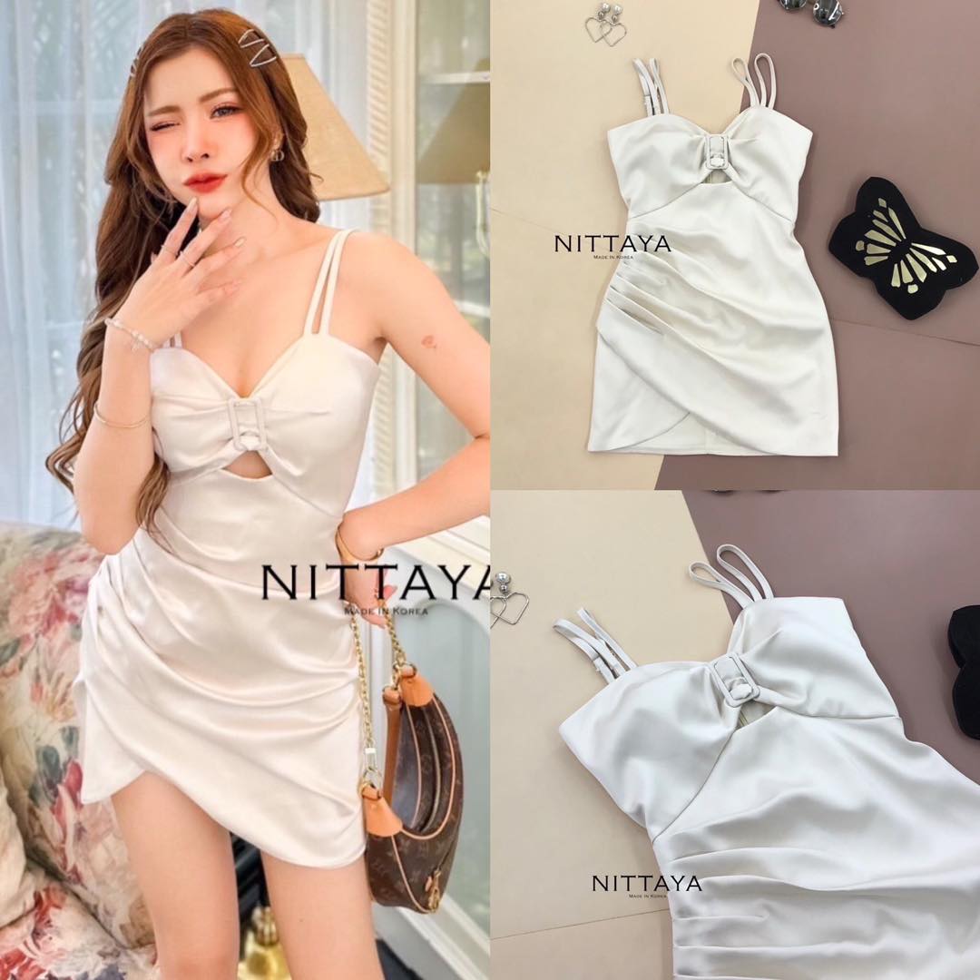 เดรสสายคู่ เนื้อผ้าซาติน ตัวสาย สามารถปรับสายได้ ช่วงอกแต่งหัวเข็มขัด ช่วงตัวจีบย่น ให้เป็นทรงเซ็กซี่ สินค้าคุณภาพ (พร้อมส่ง)