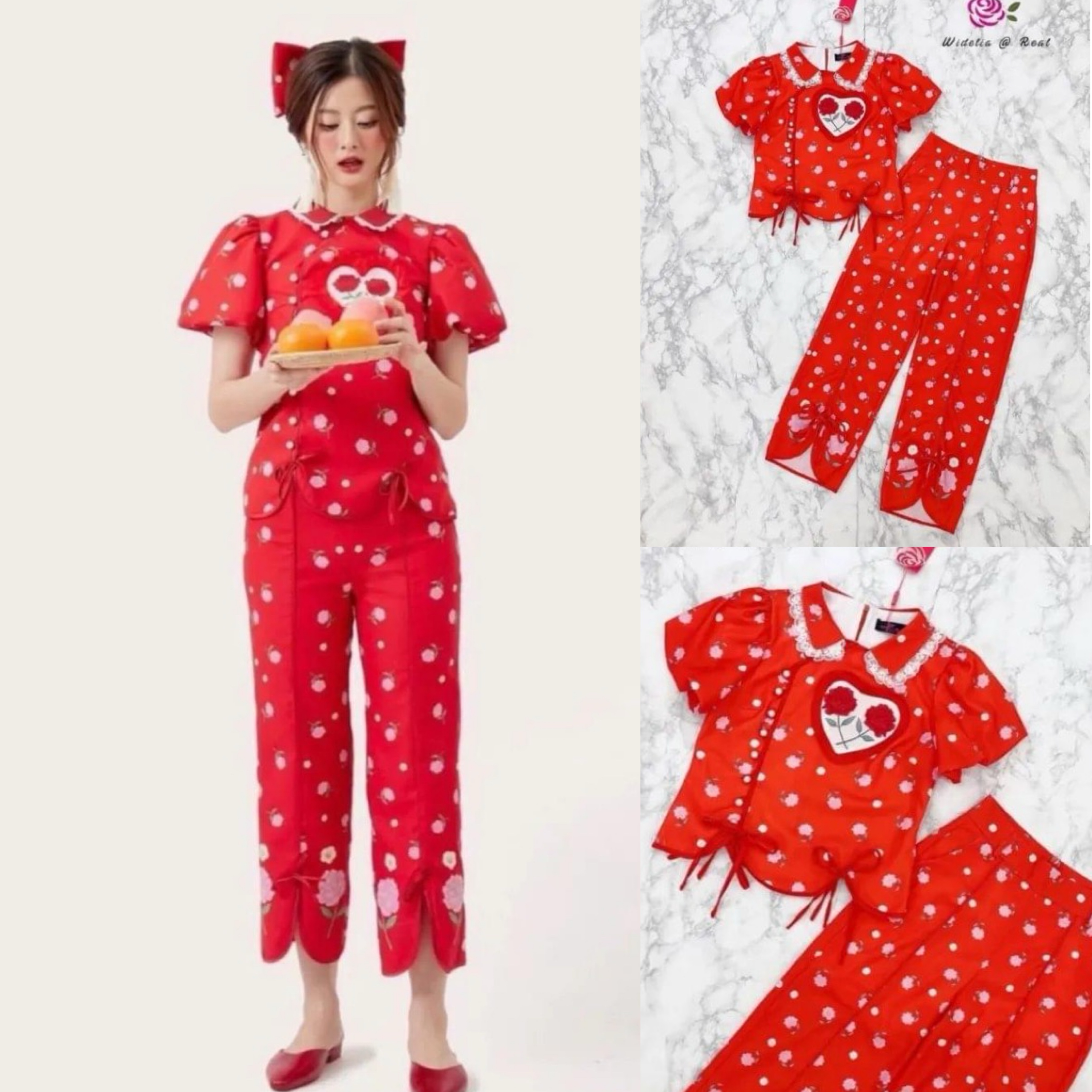 Set เซ็ทกี่เพ้าสีแดงแสนสวย เสื้อปกคอแต่ง ขอบลูกไม้ อกแต่งหัวใจ/กระดุมไข่มุก กางเกงขากระบอกเองสูง ชายขาผูกโบว์ สินค้าคุณภาพ (พร้อมส่ง)