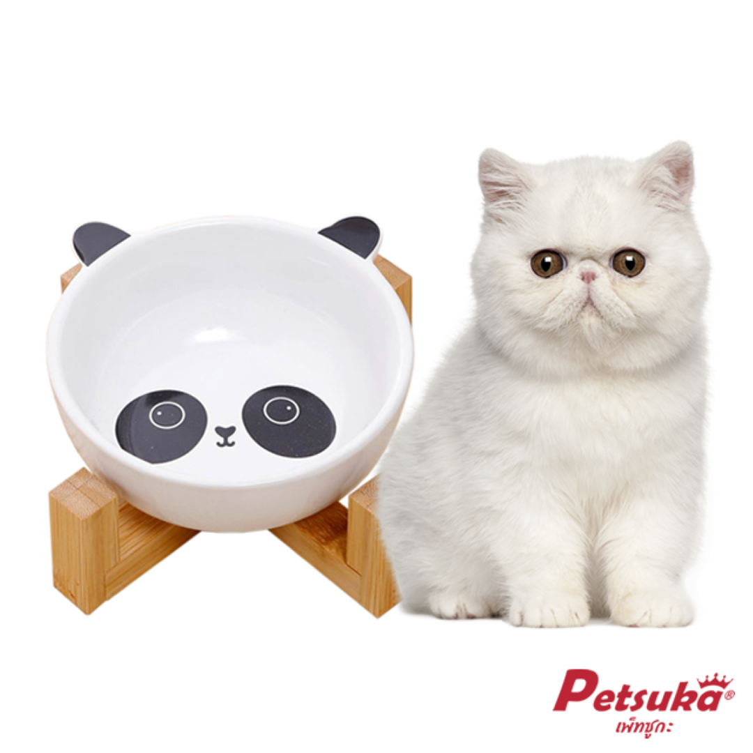 ชามเซรามิกสัตว์เลี้ยง Petsuka พร้อมฐานรองสไตล์ญี่ปุ่น สำหรับสุนัขและแมว รูปหมีแพนด้า