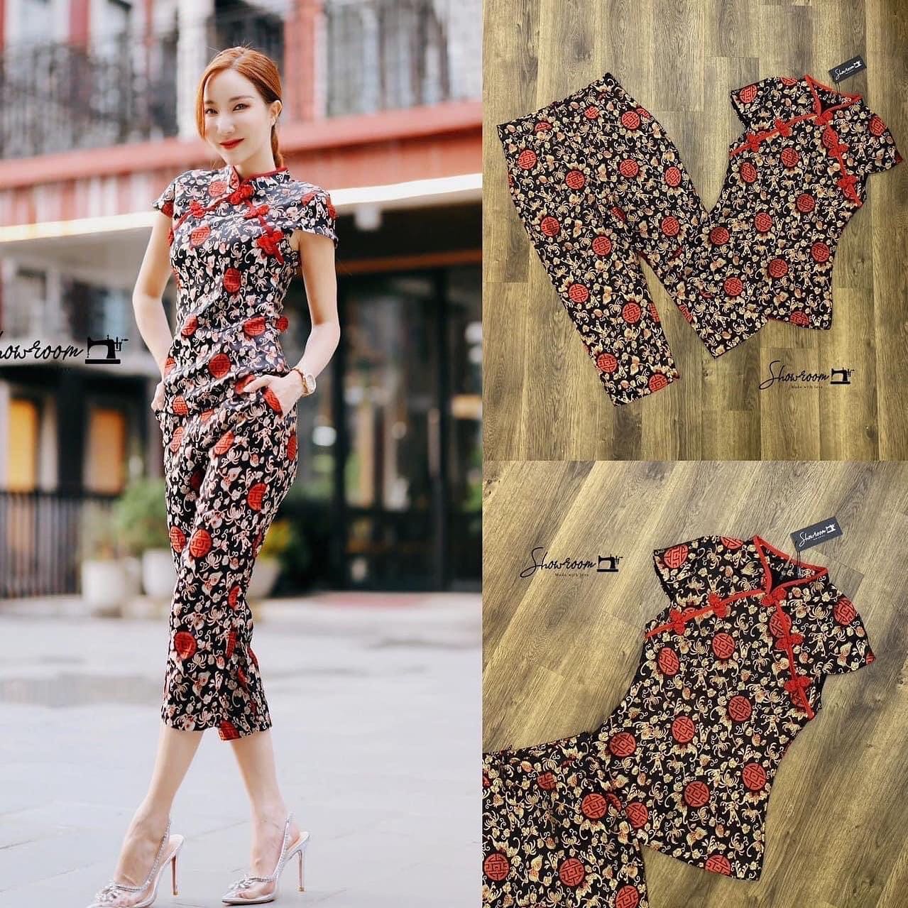 เซ็ตตรุษจีน ดีไซน์โมเดิร์นตามสไตล์ชุดกี่เพ้า ตัวเสื้อแขนสั้นคอจีน สวมใส่ง่าย มา พร้อมกางเกงขายาวทรงขากระบอกเข้าเซ็ต : สินค้าคุณภาพ (พร้อมส่ง)