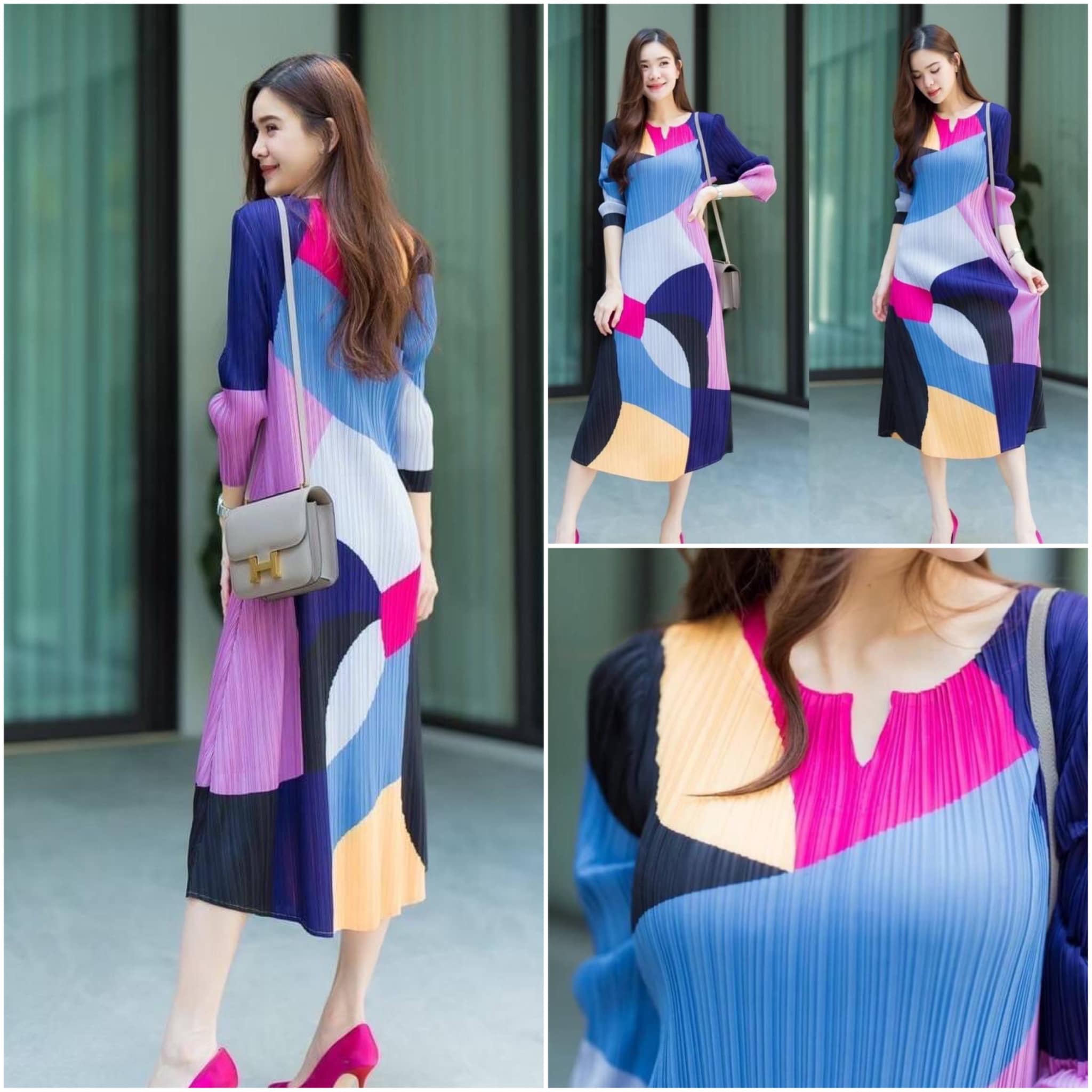 แม็กซี่เดรส แพทเทิร์นอัดพลีท คอวาย Y แขนยาว ความยาวเลยเข่า กำลังสวย งานดี เกรดPremium 👍🏻 สินค้าคุณภาพ (พร้อมส่ง)