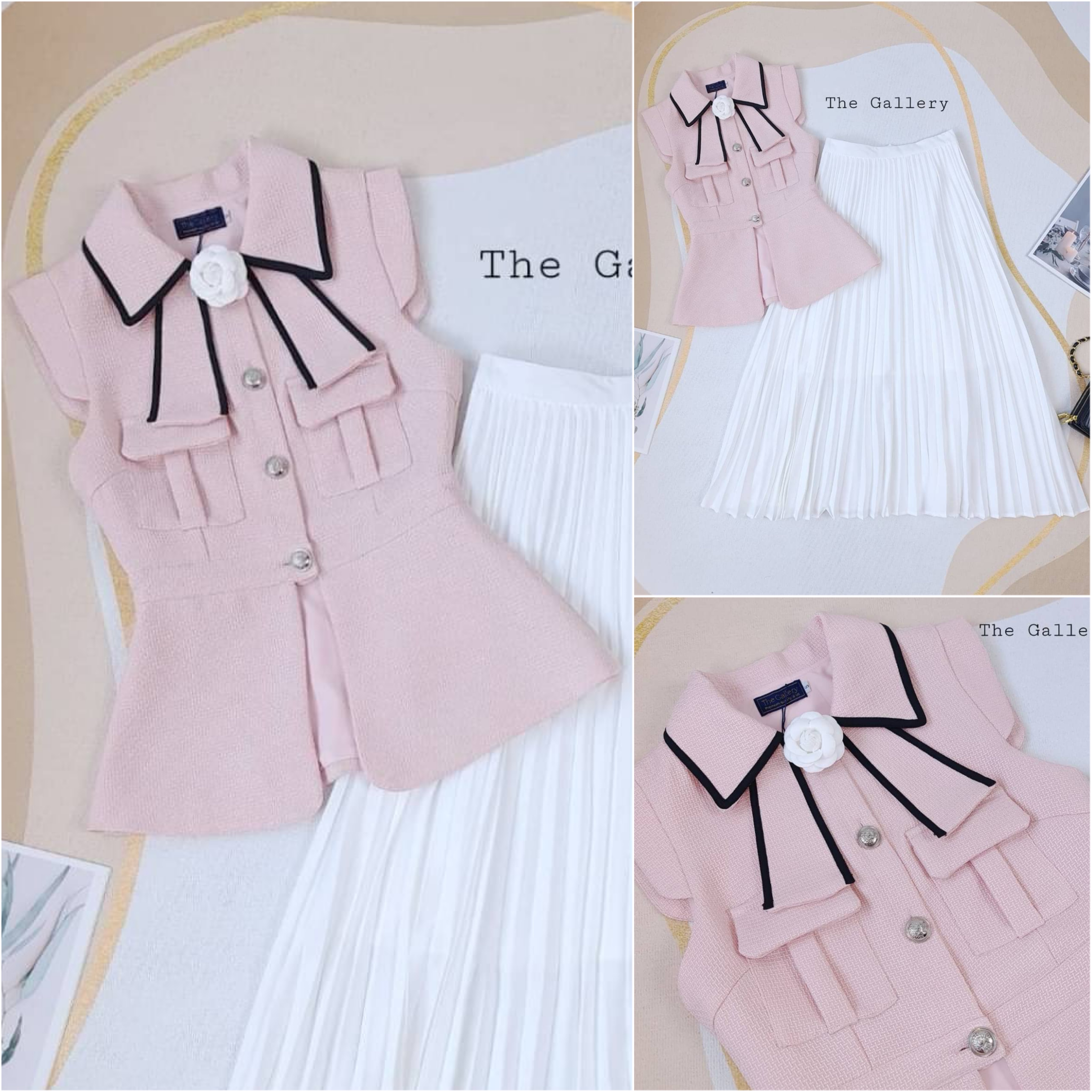 เซ็ต3ชิ้นเสื้อและกระโปรงอัดพลีต+เข็มกลัดดอกไม้เข้าชุด มาพร้อมซับในทั้งเสื้อและกระโปรง สินค้าคุณภาพ (พร้อมส่ง)