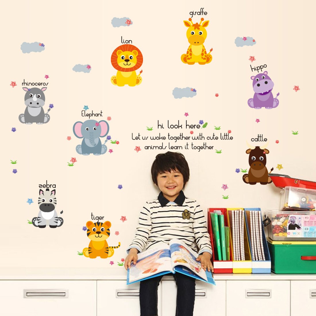 สติ๊กเกอร์แต่งห้อง DIY ลายเพื่อนสัตว์น้อยเรียนรู้ Together Learning Animals ลอกออกแล้วติดซ้ำได้