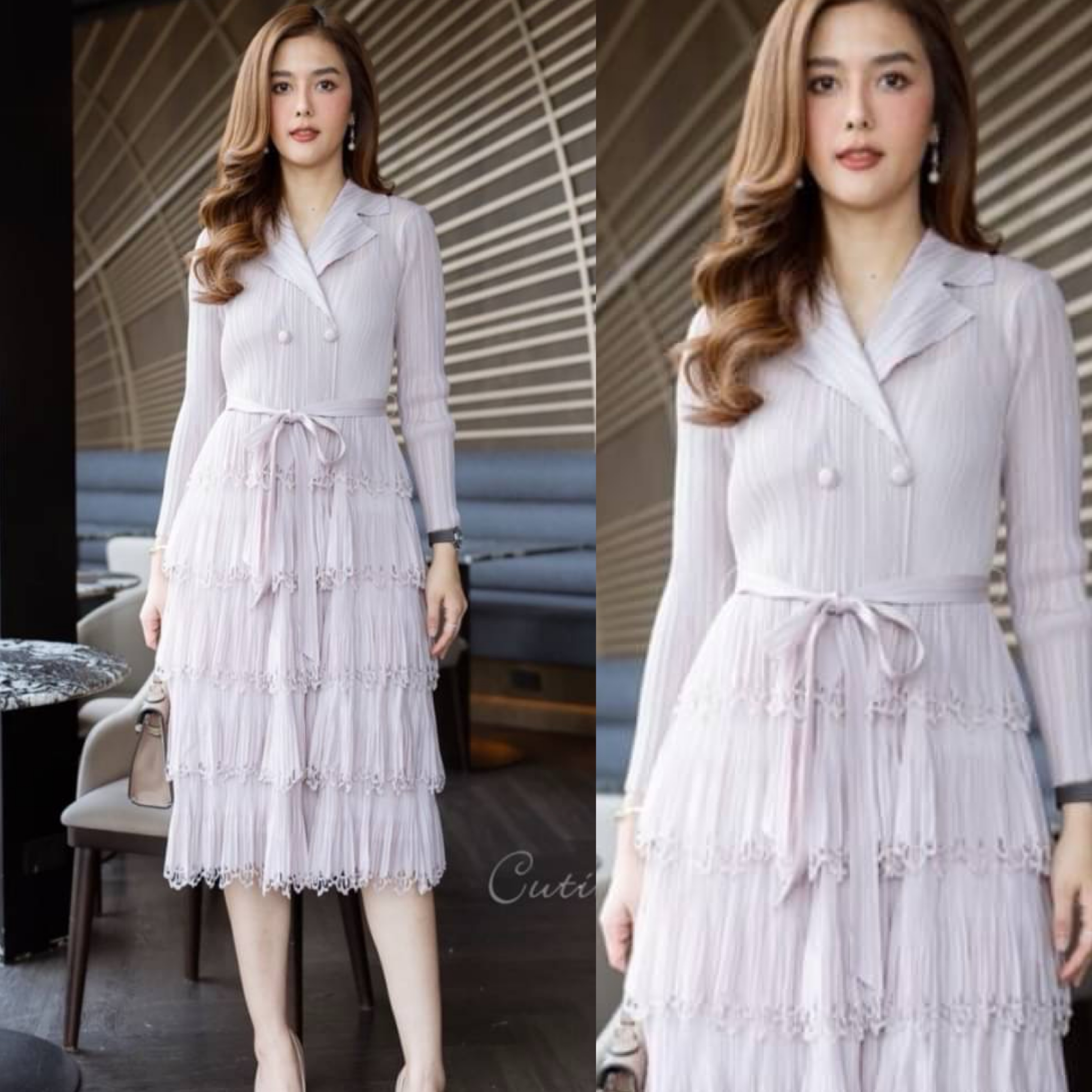 เดรสผ้าอัดพลีท มาพร้อมงานฉลุที่ปลาย กระโปรง งานแต่งดีเทลด้วยพู่เป็นชั้นๆ ปกคอเทเลอร์ มาพร้อมเชือกผูก ชุดยืดหยุ่น ได้ทั้งตัว ทรงชุดเข้ารูป ใส่แล้วดูดี งานสวย เรียบหรูค่ะ ใส่สบาย สินค้าคุณภาพ (พร้อมส่ง)