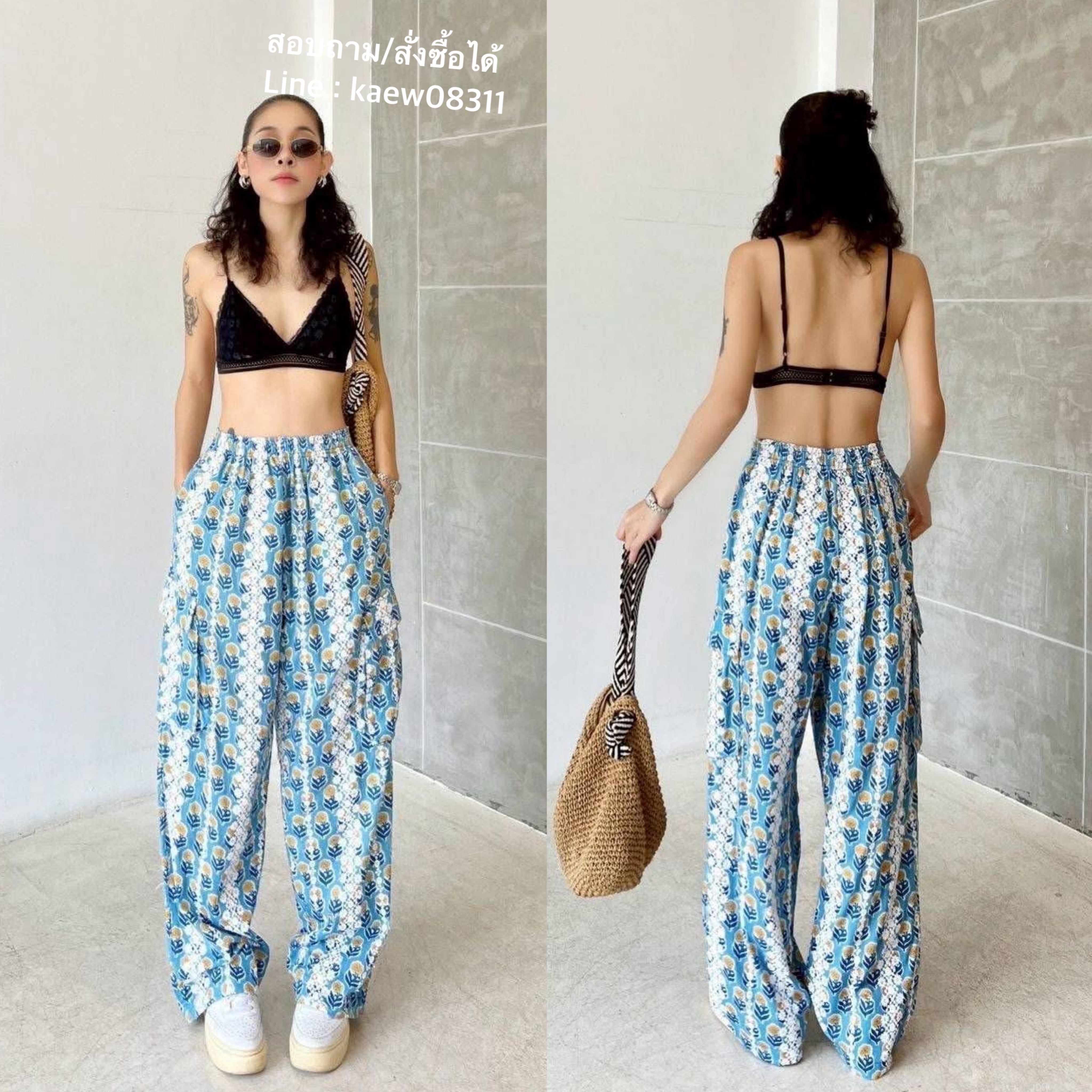 กางเกง ผ้าบล็อคคอทตอลอินเดียปักฉลุลายในตัว ทรงคาร์โก้ เอวสม็อค งานมีกระเป๋าข้าง+กระเป๋าล้วง ใส่สบาย : สินค้าคุณภาพ (พร้อมส่ง)