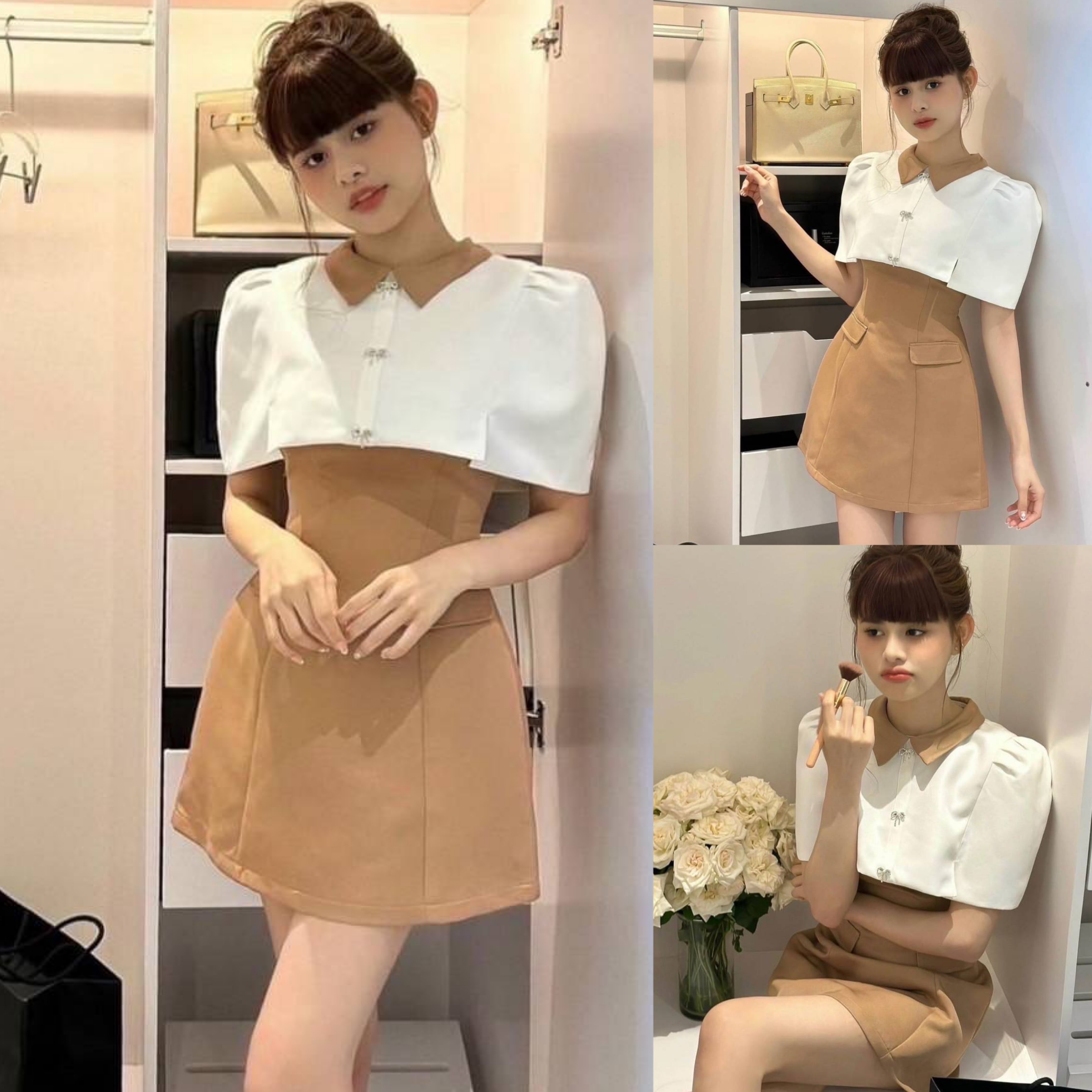 มินิเดรส2ชิ้น เดรสสายเดี่ยวสีน้ำตาล อกเย็บเสริมฟองน้ำ มาพร้อมเสื้อคลุมไหล่ตัวสั้นสีขาว(มีซิปหลัง)ช่วงอกมีเข็มกลัดโบว์เพชร มีซับในอย่างดี ทรงสวยแพทเทิร์นเป๊ะมาก ใส่สบาย สินค้าคุณภาพ (พร้อมส่ง)