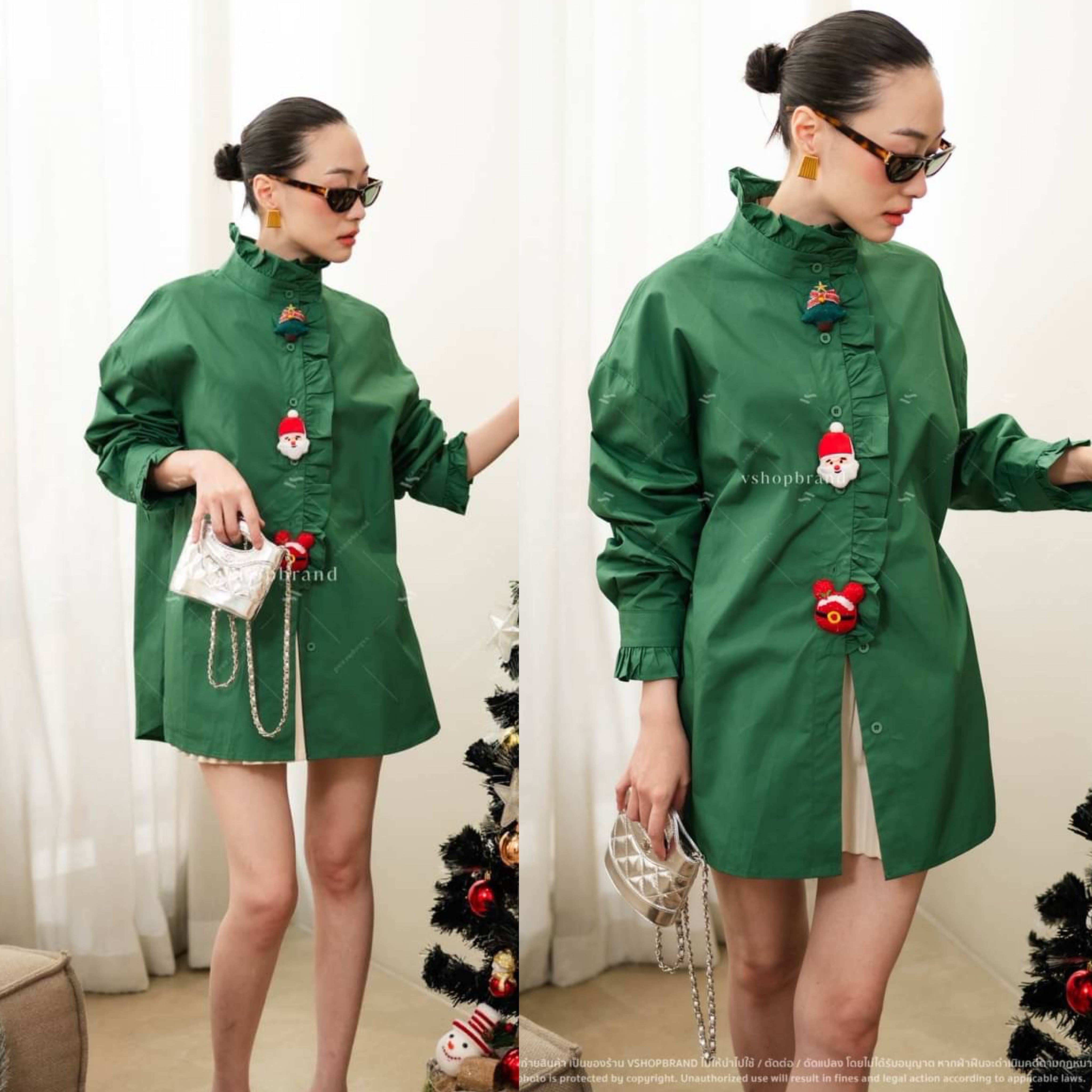 เสื้อเชิ้ตคริสมาสต์คอปีน ขอบระบาย ใส่สบาย : สินค้าคุณภาพ (พร้อมส่ง)