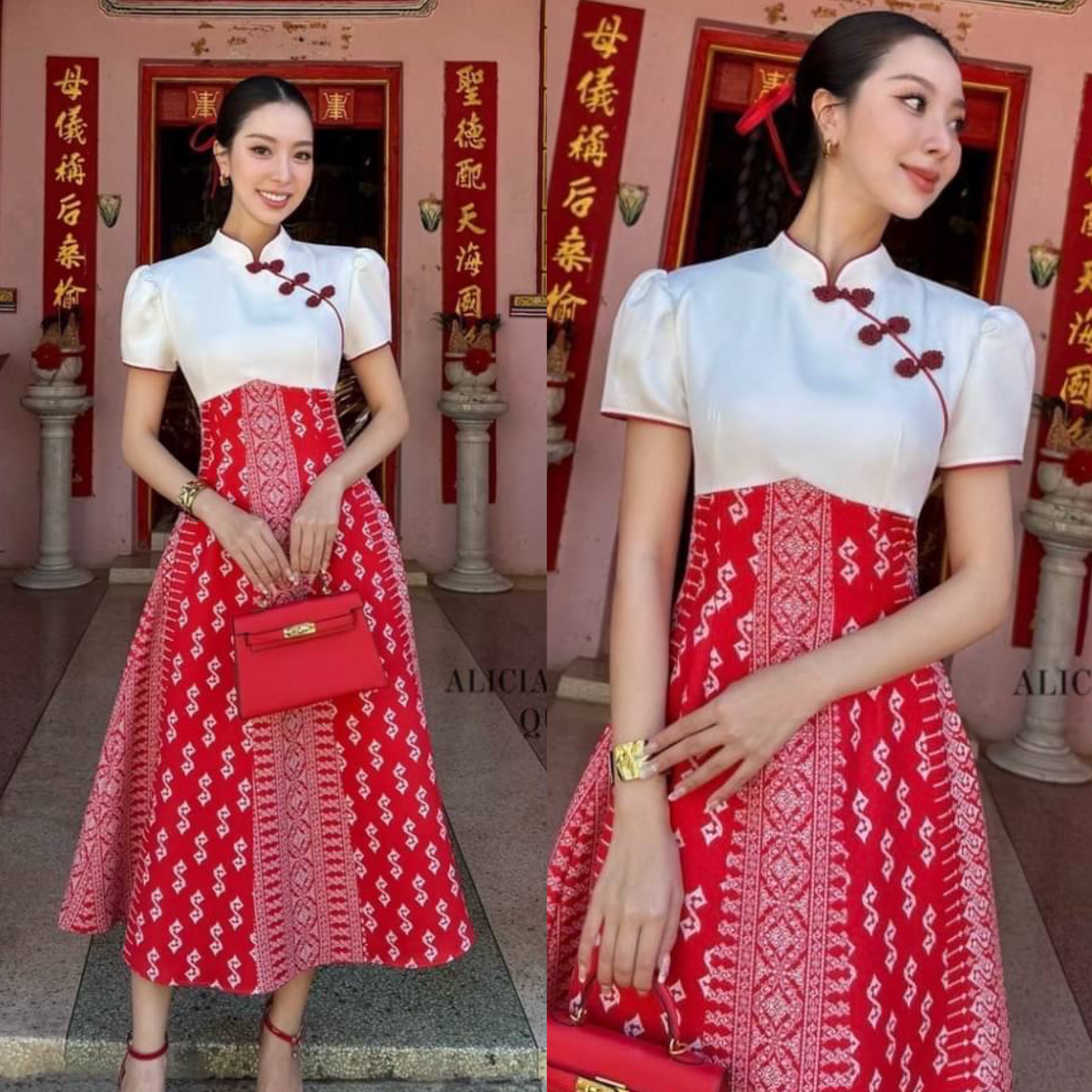 เดรสยาวจีนแบบดั้งเดิม แขนสั้นคอจีน ช่วง บนสีขาวแต่งเฉียงติดกระดุมจีนสีแดง ครึ่งตัวล่าง แต่งด้วยลายผ้าถุงประยุกต์ ใส่สบาย : สินค้าคุณภาพ (พร้อมส่ง)