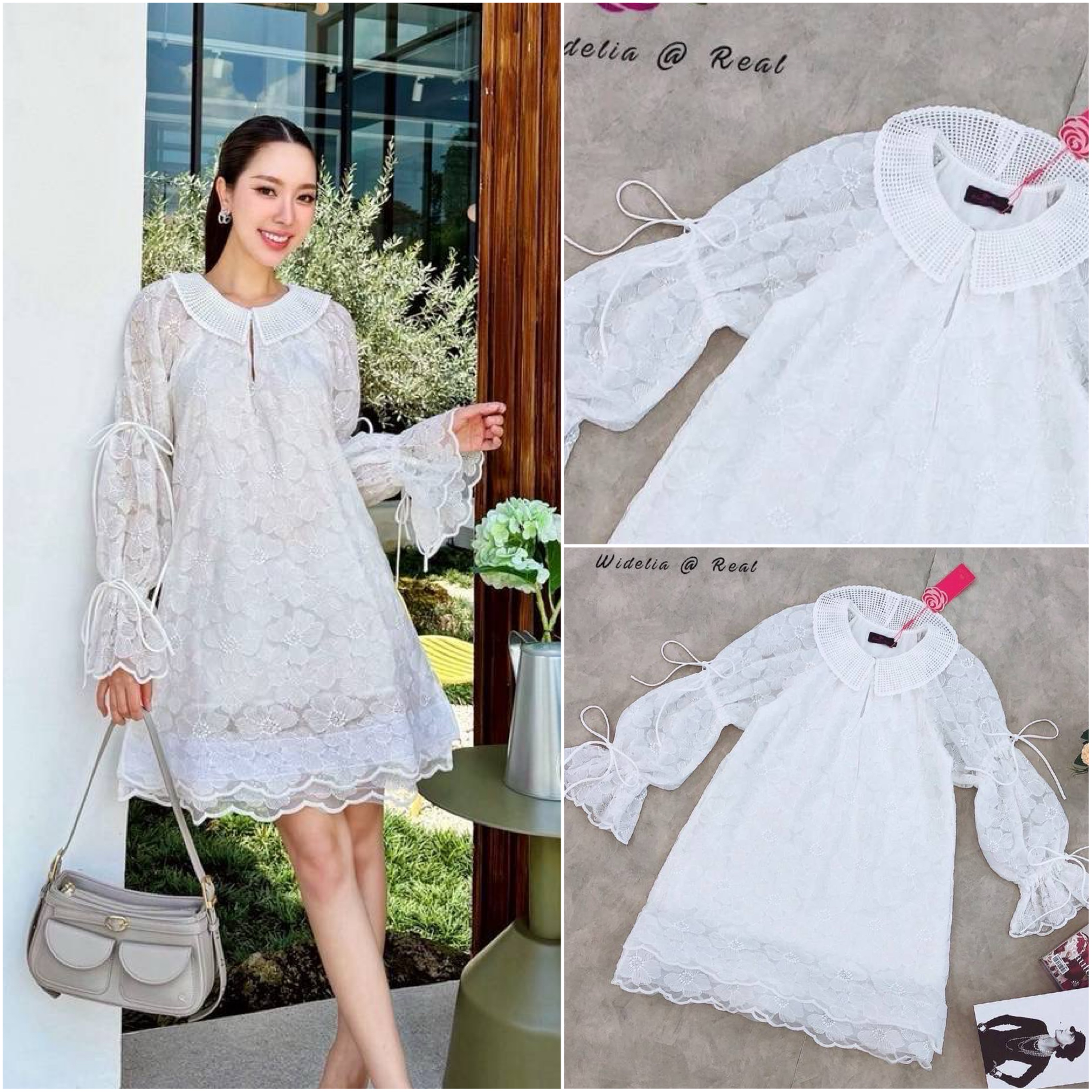 เดรสทรงปล่อยแขนยาว คอบัว เนื้อผ้าลูกไม้อย่างดี ชายเดรสเย็บซ้อนมา2ชั้น ใส่สบาย : สินค้าคุณภาพ (พร้อมส่ง)