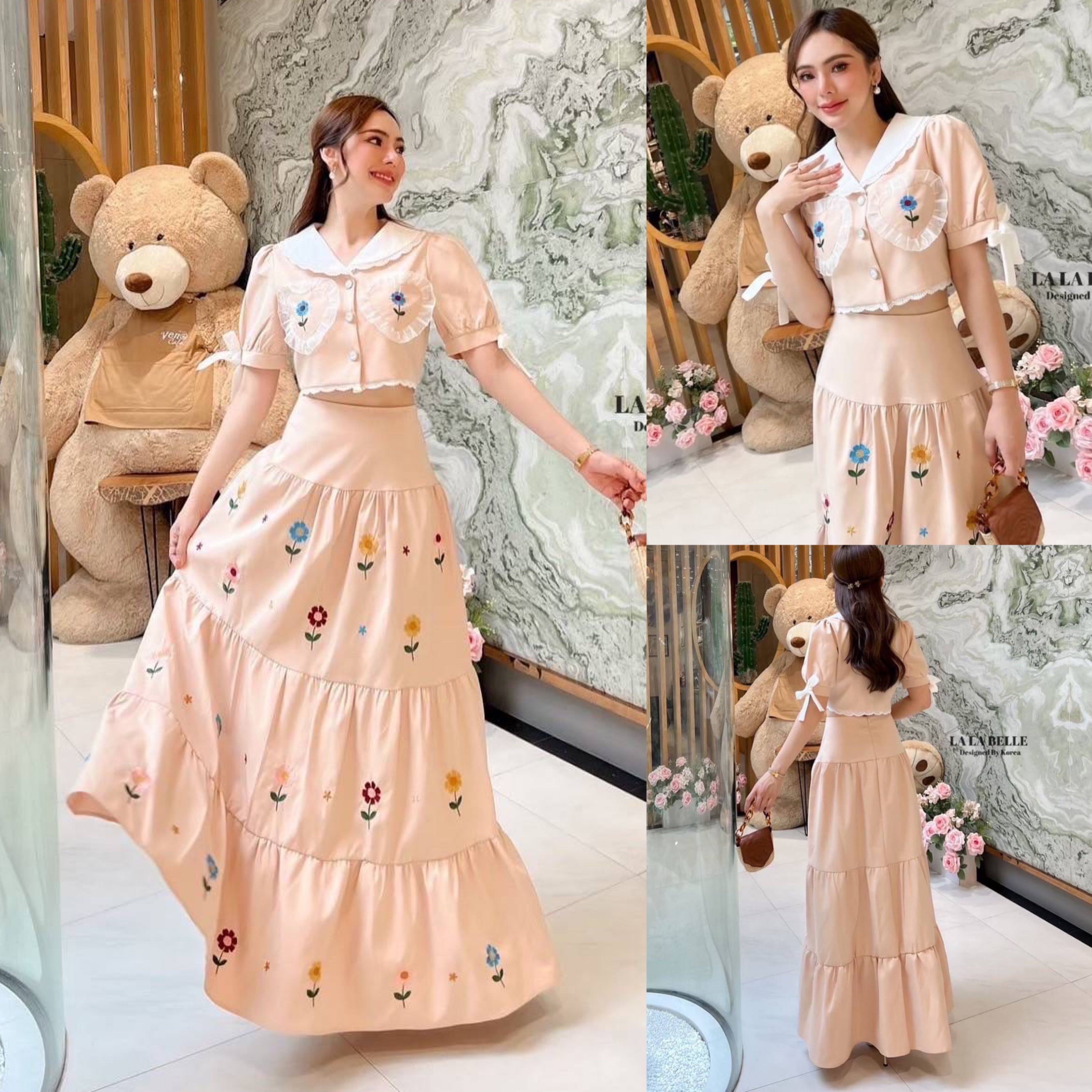 เซต2ชิ้น เสื้อคอปกกระดุมหน้าแขนตุ๊กตาปลายแขนแต่งโบว์ +กระโปรงเอวสูงยาวจับจีบ3ชั้น ปักดอกไม้สลับสีทั้งกระโปรงผ้าดีมากมีซับในอัดกาวอย่างดี สินค้าคุณภาพ (พร้อมส่ง)
