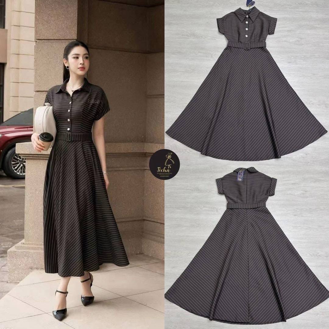 เซต 2 ชิ้น Maxi เดรสลายริ้ว แขนสั้น ช่วงแขนแต่งพับ ดีเทลคอปก แต่งกระดุมหน้าช่วงครึ่งตัวบน เอวเข้ารูป ตัวกระโปรงบานออก มีชับใน ใส่สบาย : สินค้าคุณภาพ (พร้อมส่ง)