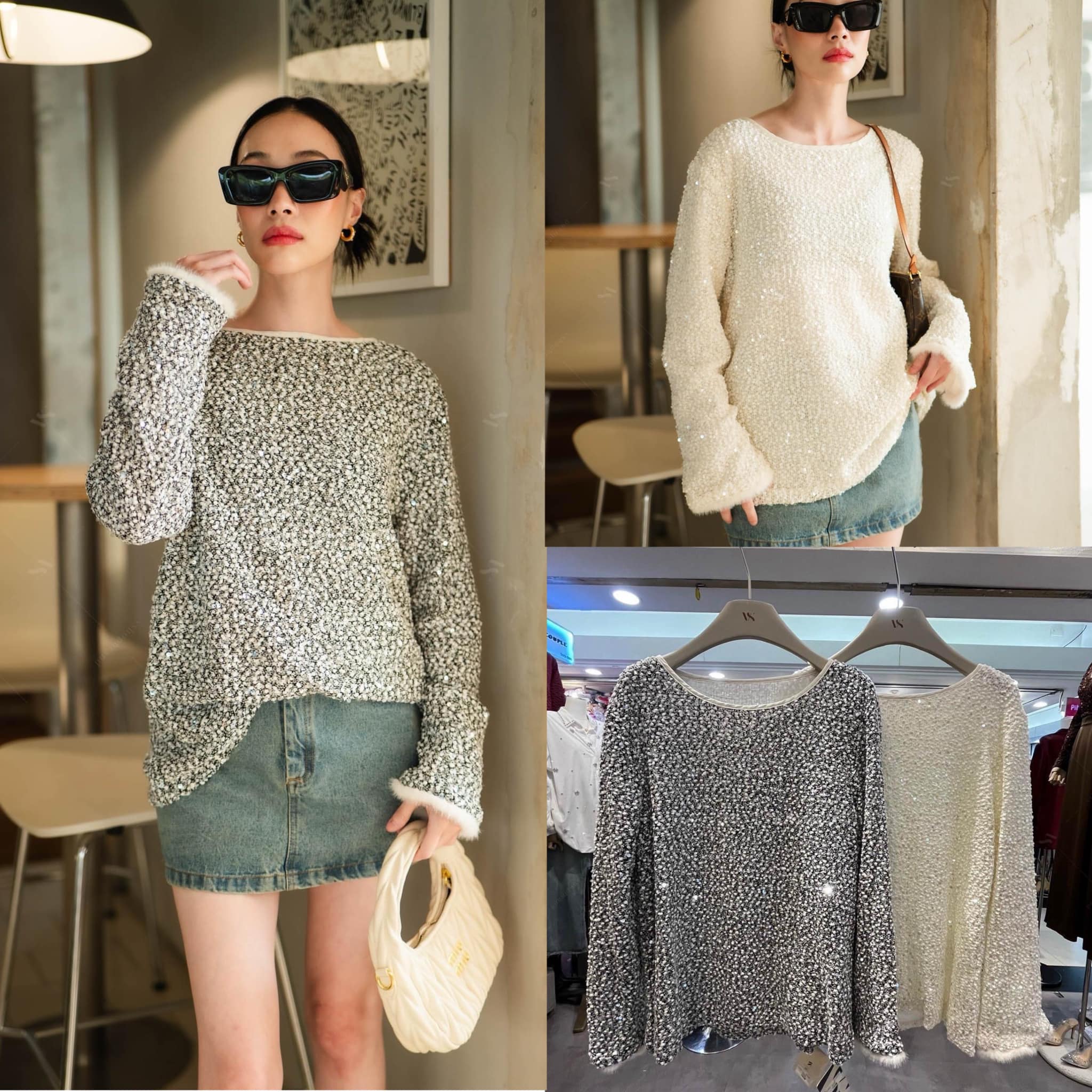 เสื้อแขนยาวแต่งเกร็ด ๆ ปลายแต่งขน ทรงสวย ใส่สบาย : สินค้าคุณภาพ (พร้อมส่ง)