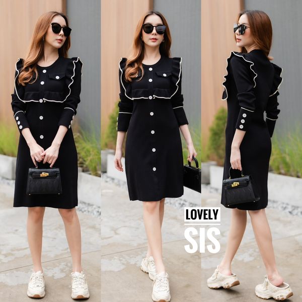 เดรสแขนยาวแต่งระบายกุ๊นขอบตัดสี ติดกระดุมหลอกเรียงด้านหน้า ผ้า knit เนื้อทอร่อง ผ้าแน่นทอนุ่ม สวยมากค่า สินค้าคุณภาพ (พร้อมส่ง)