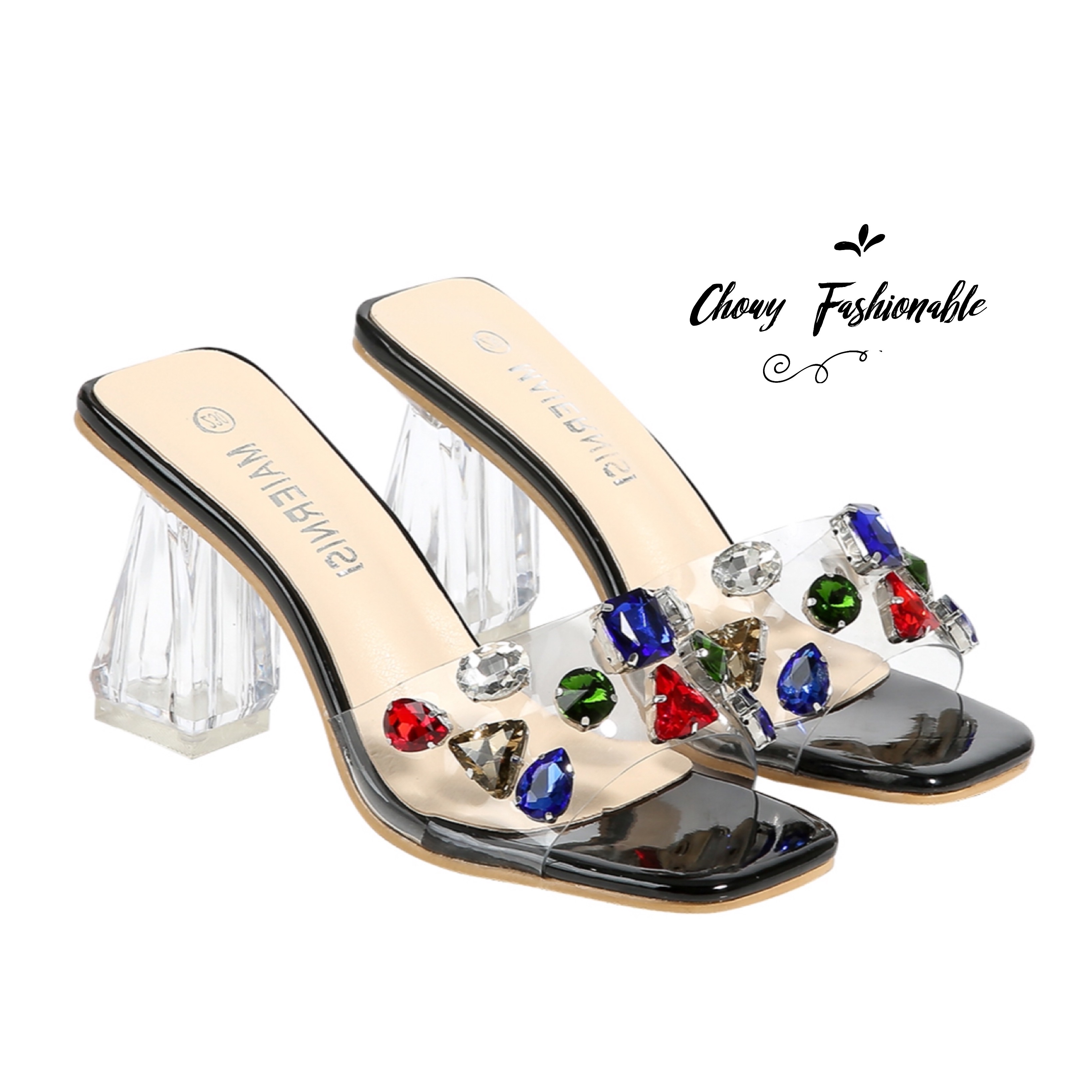 รองเท้าไซส์ใหญ่ 41-46 รองเท้าแตะส้นแก้วใส PU นิ่มใส คริสตอล เพชรเม็ดใหญ่ CHOWY KR1181