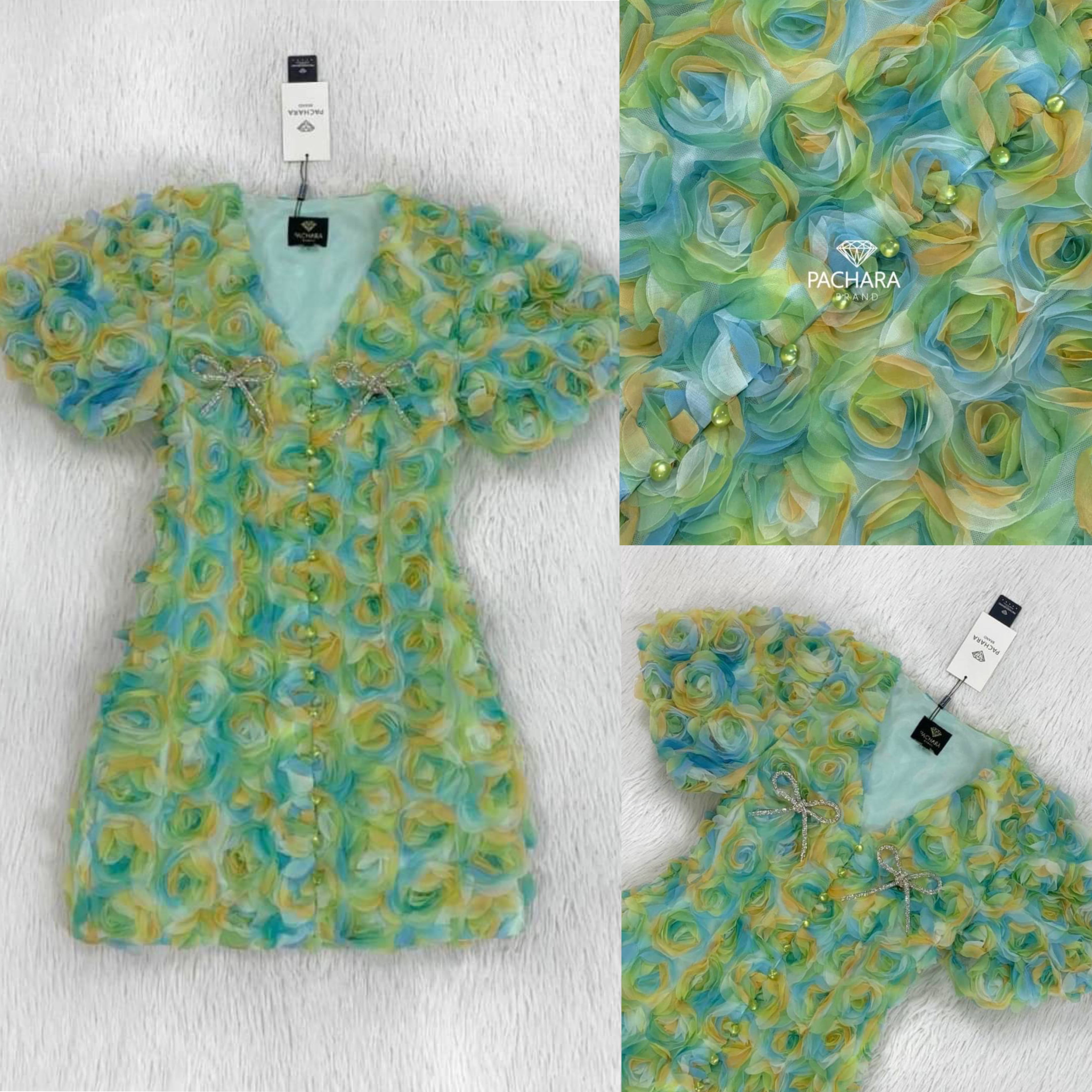 เดรสสั้นคอวีแขนตุ๊กตาสีเขียวพาสเทล ปักดอกกุหลาบ 3D อัดแน่นหลายร้อยดอกทั้งชุด มาพร้อมเข็มกลัดโบว์สีเงินสองข้าง ใส่สบาย สินค้าคุณภาพ (พร้อมส่ง)