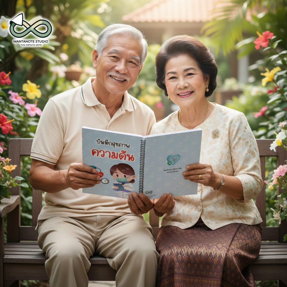 สมุดบันทึกความดันโลหิต A4 พิมพ์สีทั้งเล่ม | สันขดลวด กางง่าย พับเขียนได้ | มีหน้าข้อมูลคนไข้–ตาราง BP/ชีพจรครบ