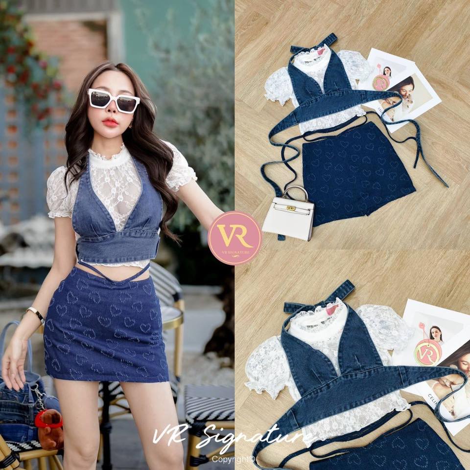 Set 3 ชิ้น เสื้อลูกไม้แขนสั้น จับจีบระบานช่วงคอ มาพร้อมเสื้อบรายีนส์ แต่งผูกเชือกด้านหลัง แอบเซ็กซี่เบาๆ แมทช์กับกระโปรงยีนส์สั้นมีกางเกงด้านใน แต่งเชือกผูกช่วงเอว ใส่สบาย แมทช์กับเอี๊ยมกระโปรงสั้น แต่งกระดุมเรียงด้านหน้า ใส่สบาย : สินค้าคุณภาพ (พร้อมส่ง)