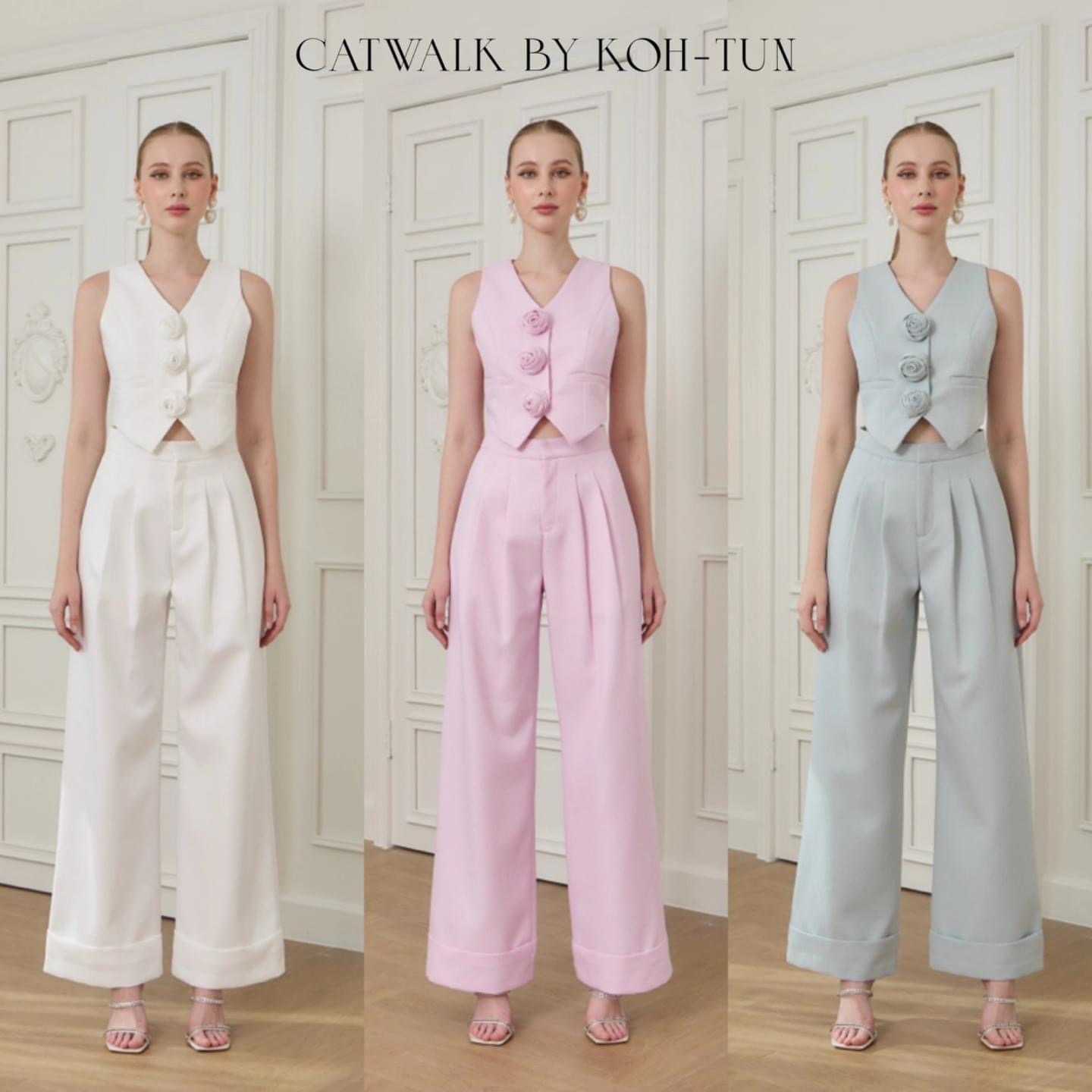 เซตเสื้อ Vestแต่งดอกไม้ +กางเกงทรงสวย เนื้อผ้าทอ ลายเกรดเอ ใส่สบาย : สินค้าคุณภาพ (พร้อมส่ง)