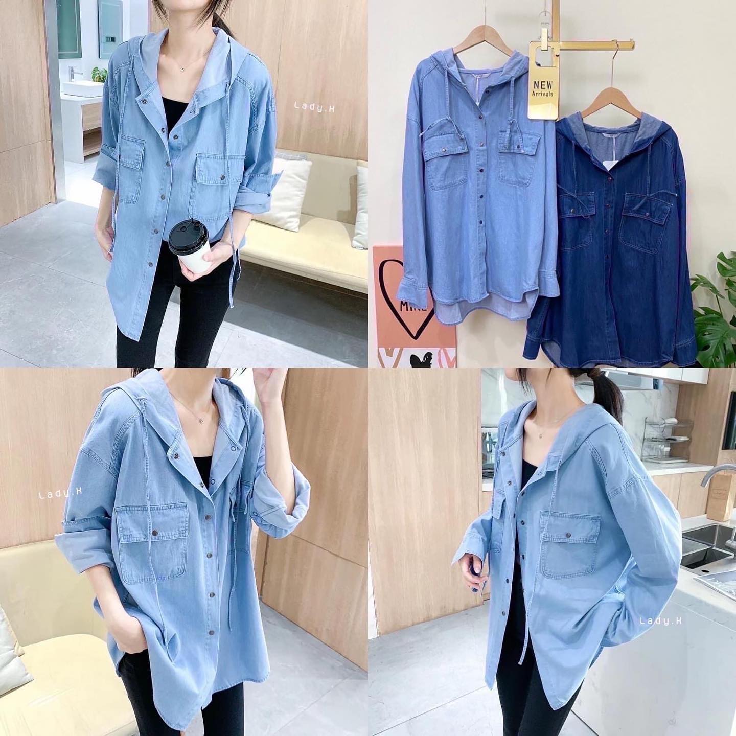 เสื้อยีนส์เดนิม งานฟอกสวยๆ แต่งฮู้ดน่ารักๆ ผ้ายีนส์สีเรียบสุดคลาสสิค ใส่คลุมก็สวยชิค : สินค้าคุณภาพ (พร้อมส่ง)