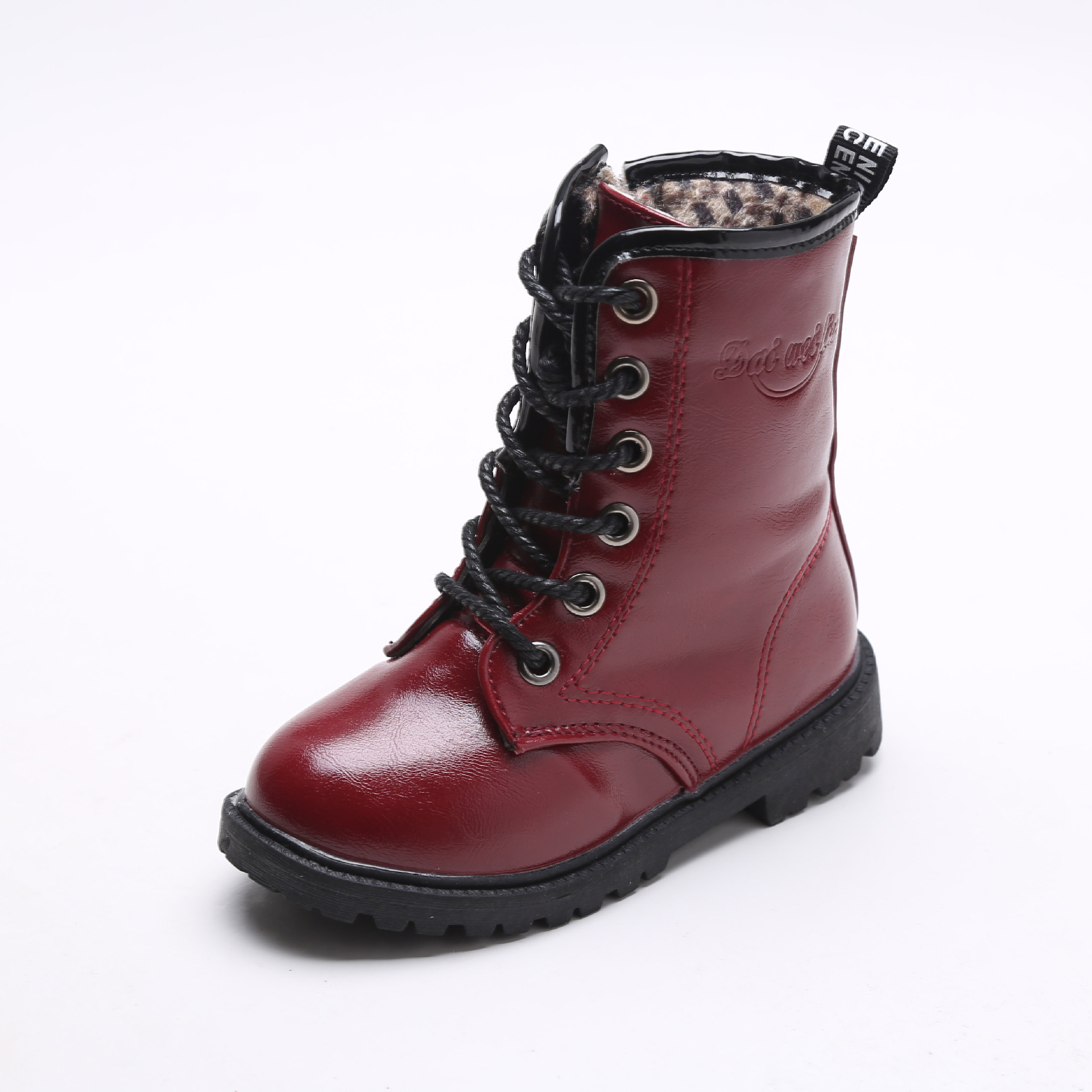 รองเท้าบู๊ทเด็ก สีแดงเบอร์กันดี ผูกเชือกหลอก มีซิปข้าง เท่ห์ หรู Size 27-38