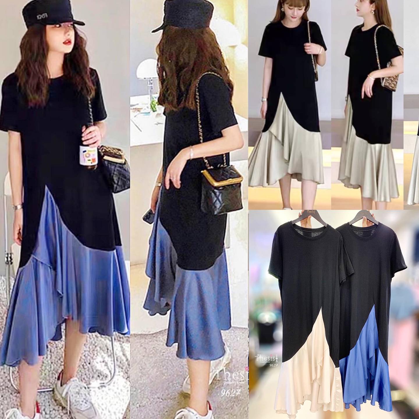 เดรสยาวผ้ายืดต่อมิกซ์ผ้าซาตินระบายเฉียงสลับ ปล่อยชายระย้วยๆสวยๆค่ะ ใส่เดี่ยวๆได้เลยตัวนี้ ความยาวกำลังสวย ผ้าดี สินค้าคุณภาพ (พร้อมส่ง)