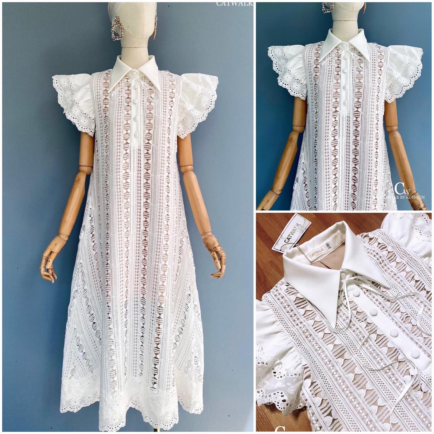 แม็กซี่เดรสผ้าลูกไม้ปกเชิ้ต เนื้อผ้าลูกไม้เกรดเอ มีน้ำหนักทิ้งตัวสวย สินค้าคุณภาพ (พร้อมส่ง)