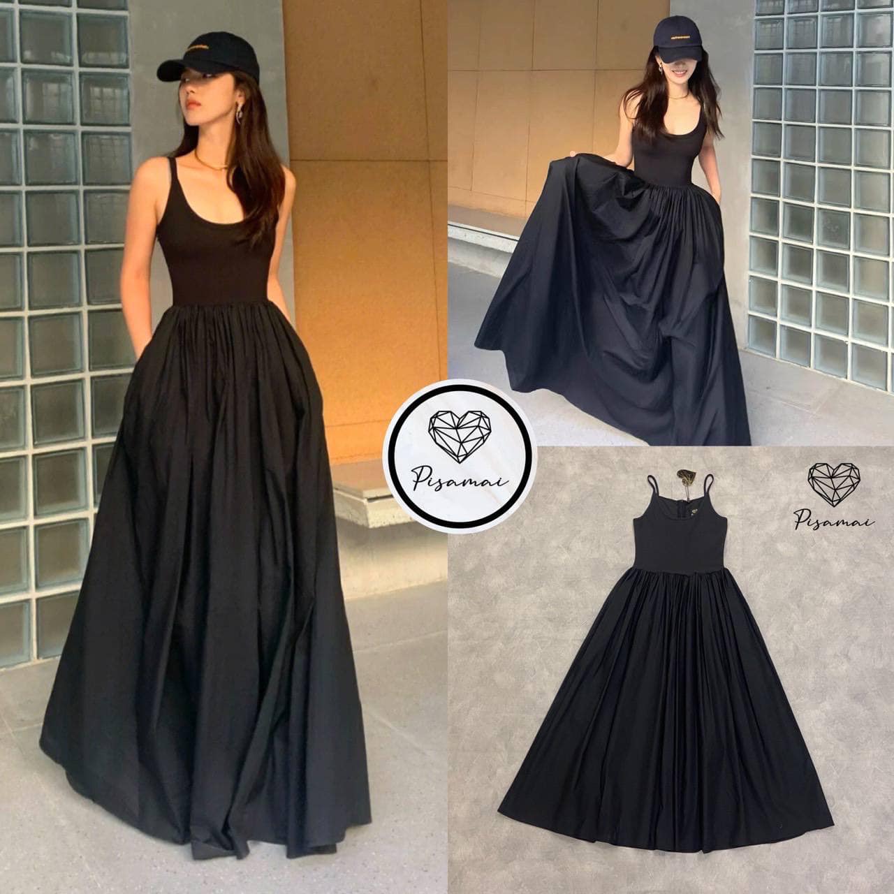 เดรสสายเดี่ยวผ้าพริ้วสีดำใส่สบายทรงกระโปรงบานยาว ใส่สบาย : สินค้าคุณภาพ (พร้อมส่ง)