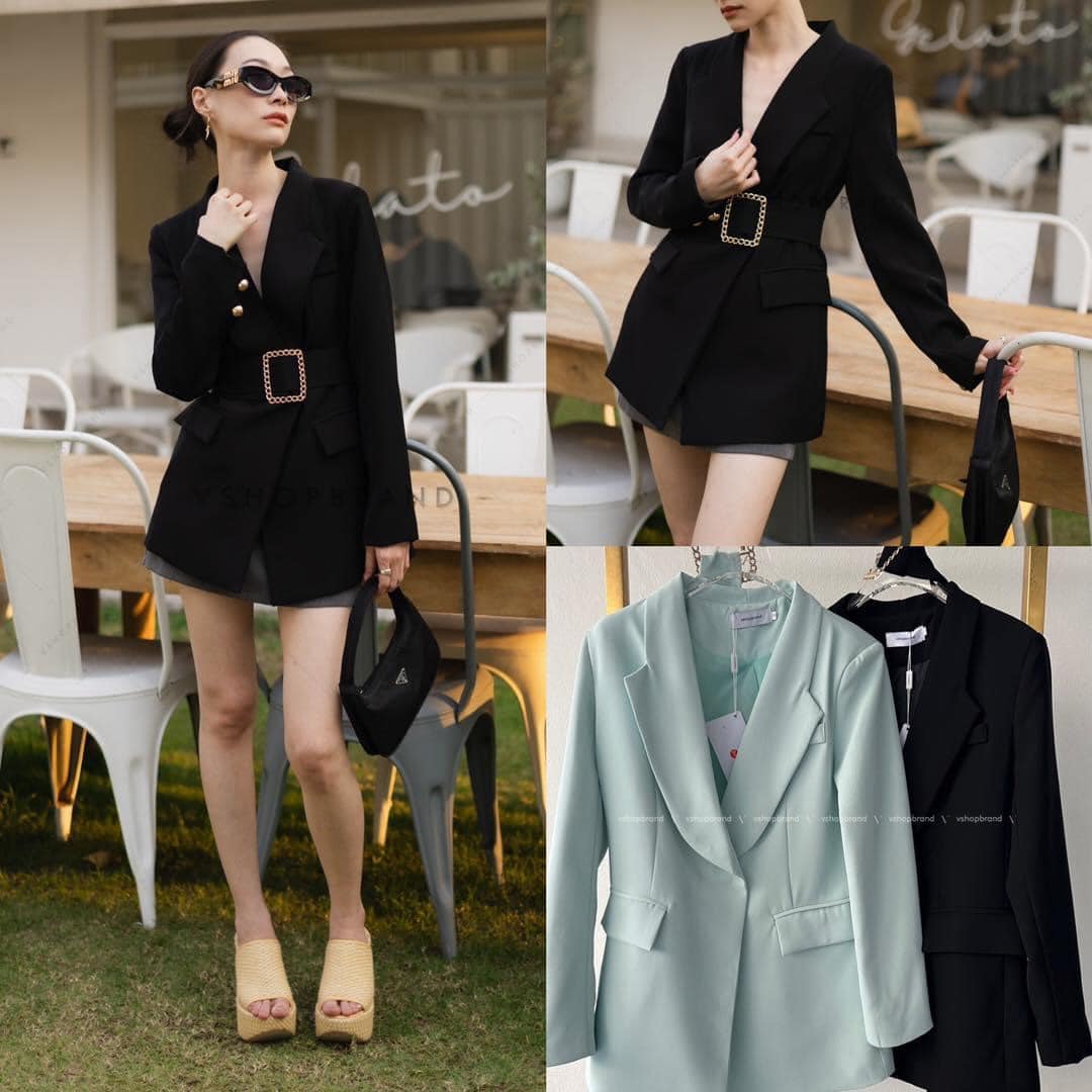 Blazer สูทกระดุมแป็ก กระดุมทองแขน + เข็มขัดผ้า : สินค้าคุณภาพ (พร้อมส่ง)