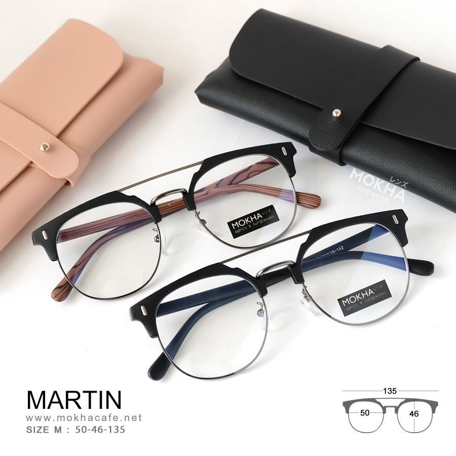 MARTIN - black wood แว่นตาวินเทจ กรอบโลหะ ขาลายไม้ ทรงหยดน้ำ double bridge กว้าง 135 มม.(sizeM) 24g