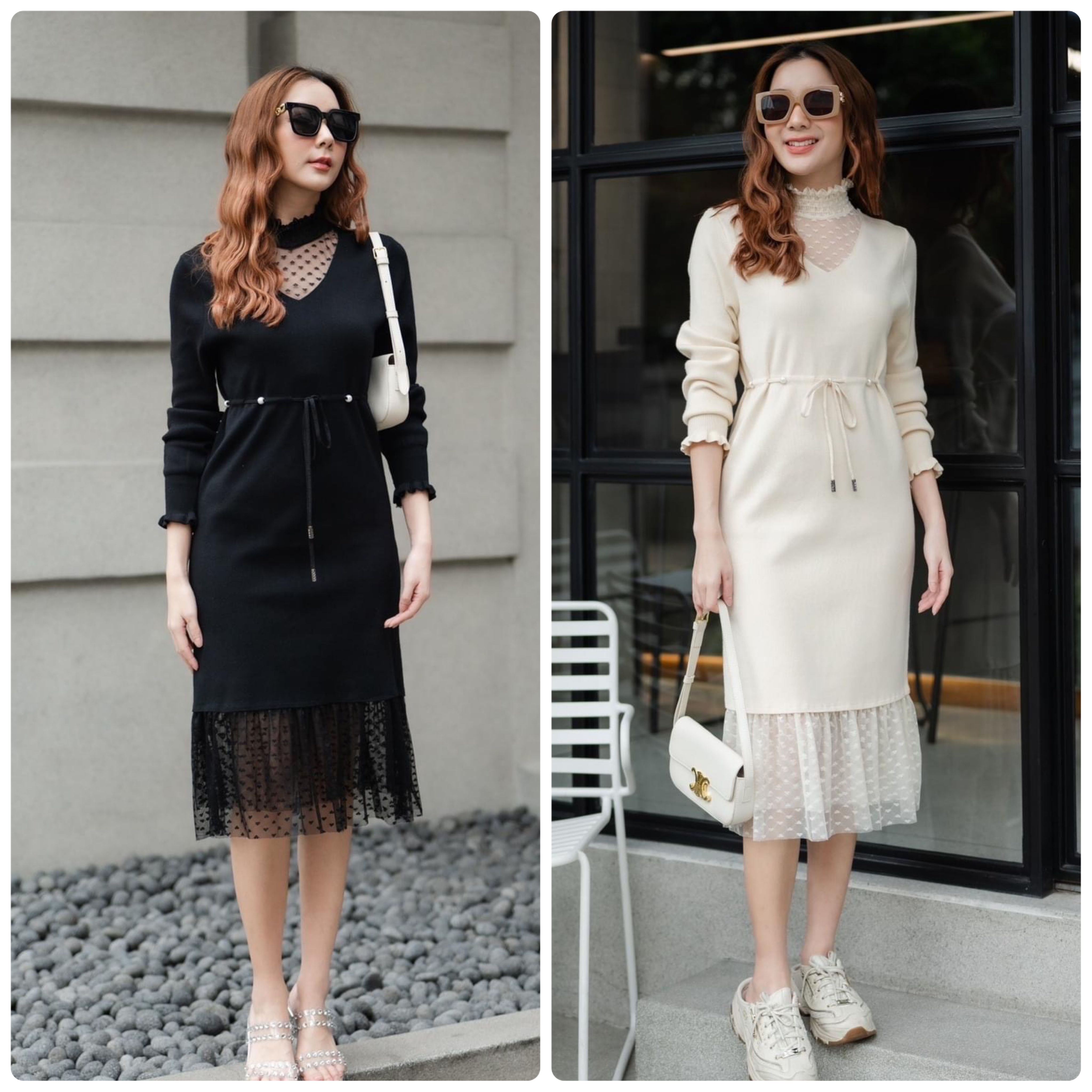 เดรสไหมพรมแต่งคอปีนและชายกระโปรงด้วยผ้าลูกไม้เนื้อนิ่ม งานแขนยาวมีระบายปลายแขน ช่วงเอวมีสายรูดแต่งไข่มุกปรับได้ตามชอบ ใส่สบาย . สินค้าคุณภาพ (พร้อมส่ง)