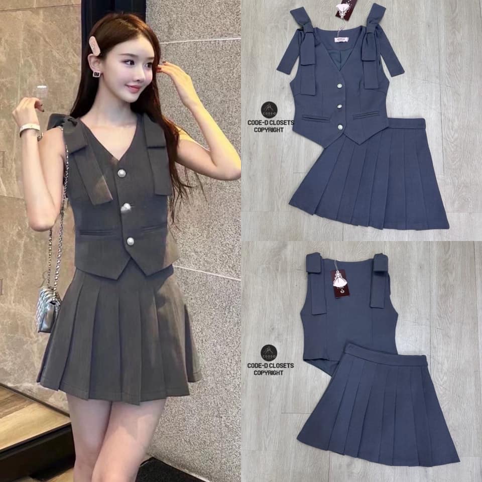 Set 2 ชิ้น เสื้อกั๊กทรงสวย ดีเทลแต่งริบบิ้นโบว์ใหญ่ตรงบ่า +กระโปรงสั้นเอวสูงจับจีบรอบตัว ซิปด้านข้าง ใส่สบาย สินค้าคุณภาพ (พร้อมส่ง)