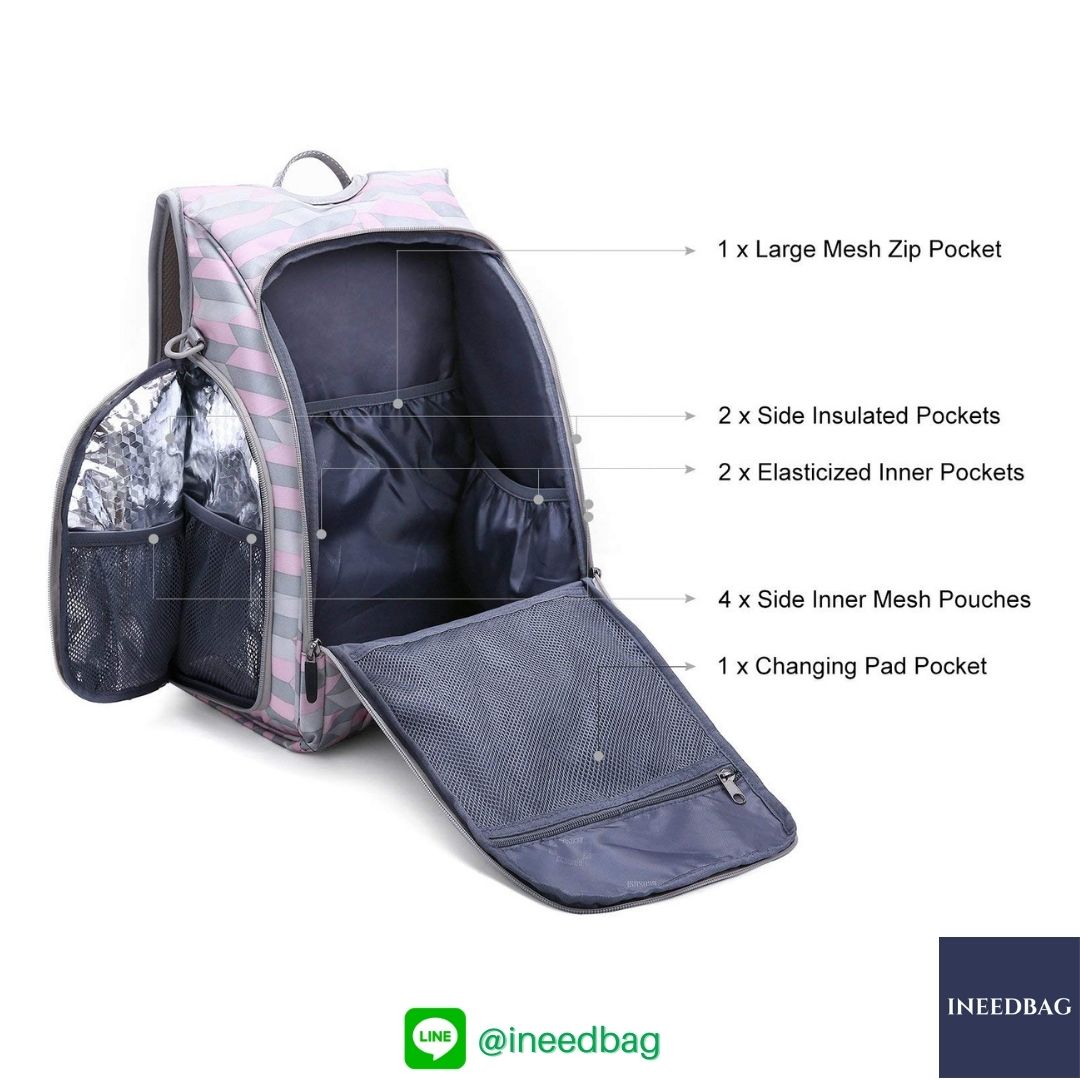 Ecosusi กระเป๋าคุณแม่ กระเป๋าสัมภาระคุณแม่ กระเป๋าแม่ลูกอ่อน แบบเป้ มาพร้อมแผ่นรองเปลี่ยนผ้าอ้อม, สายคล้องรถเข็น, ช่องเก็บความร้อน-เย็น (Pink Chevron)