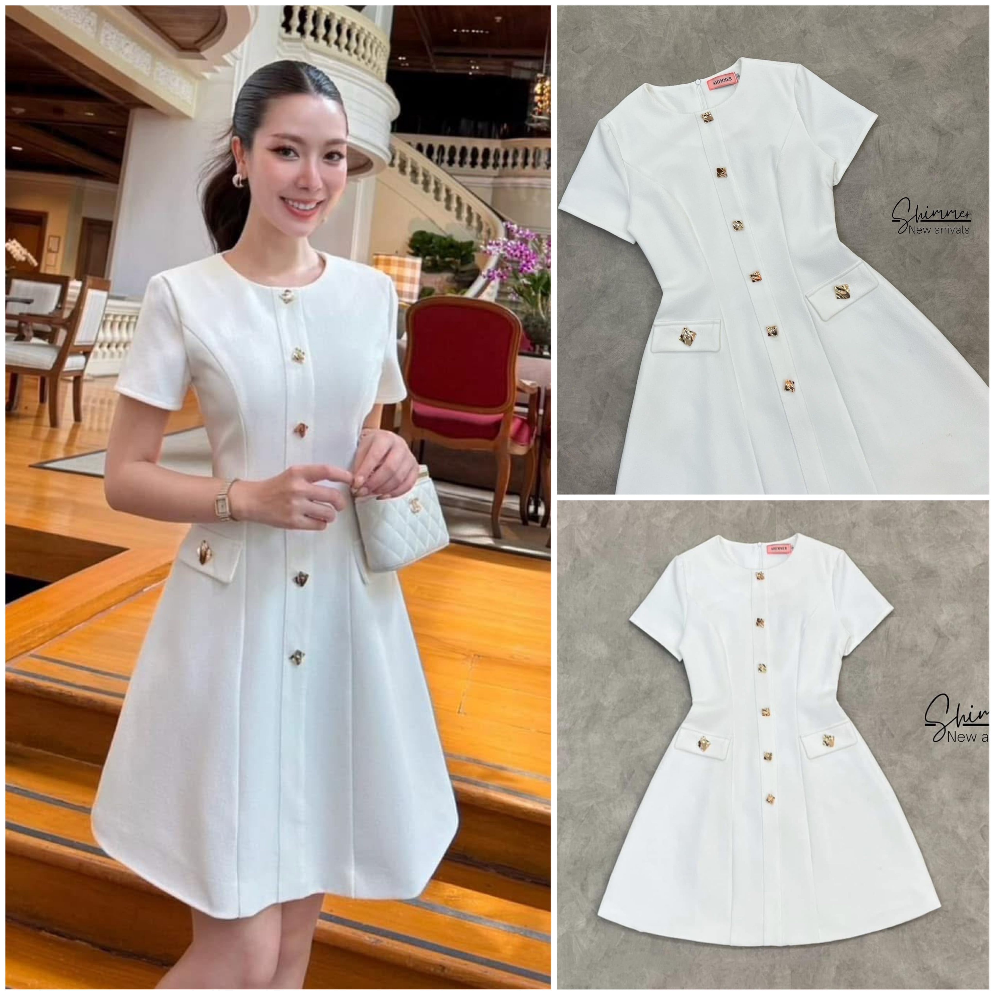 มินิเดรสแต่งกระดุมสีทองดีไซน์สวยคลาสสิคเนื้อผ้าพรีเมียมทั้งชุด ใส่สบาย : สินค้าคุณภาพ (พร้อมส่ง)