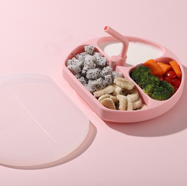 NanaBaby จานก้นดูดซิลิโคน จานหลุมเด็กซิลิโคน จานดูดเด็ก 3 ช่อง มีฝาปิด+หลอดดูด BPA-Free