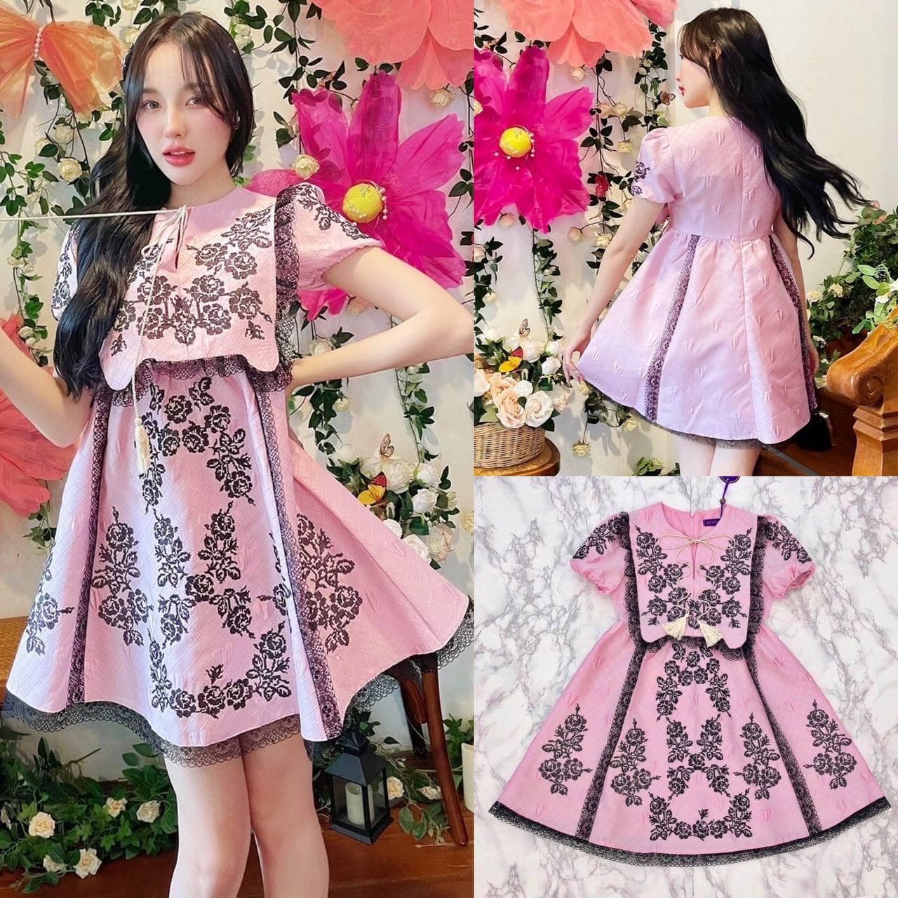 เดรสแขนพองสีชมพู งานปักดอก กุหลาบสีดำทั้งตัว คอผูกโบว์แต่งพู่ ใส่สบาย : สินค้าคุณภาพ (พร้อมส่ง)