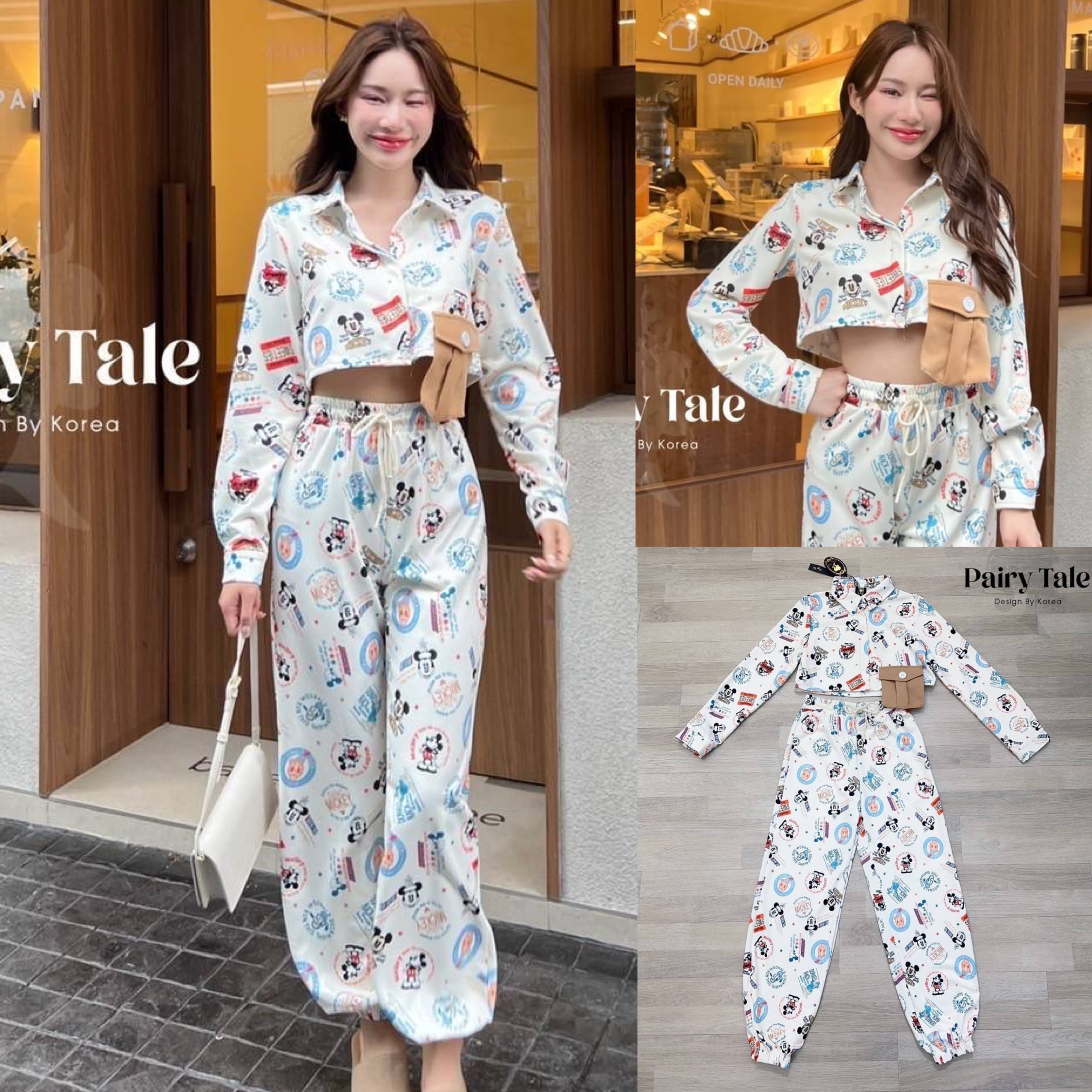 Set มิกกี้ เสื้อเชิ๊ตแขนยาวแต่งกระเป๋าล้น แมตกางเกงขายาวปลายขาจั้ม พิมพ์ลายมิกกี้ทั้งชุด สินค้าคุณภาพ (พร้อมส่ง)