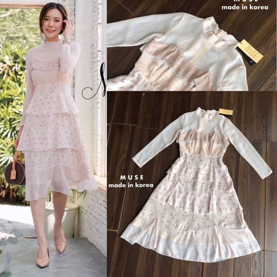 เดรสแขนยาวสีครีมพิมพ์ลายกราฟฟิก ช่วงอกแต่งระบาย ตัวชุดเย็บตัดต่อผ้าพิมพ์ลายหลากสีเข้าด้วยกัน ใส่สบาย : สินค้าคุณภาพ (พร้อมส่ง)